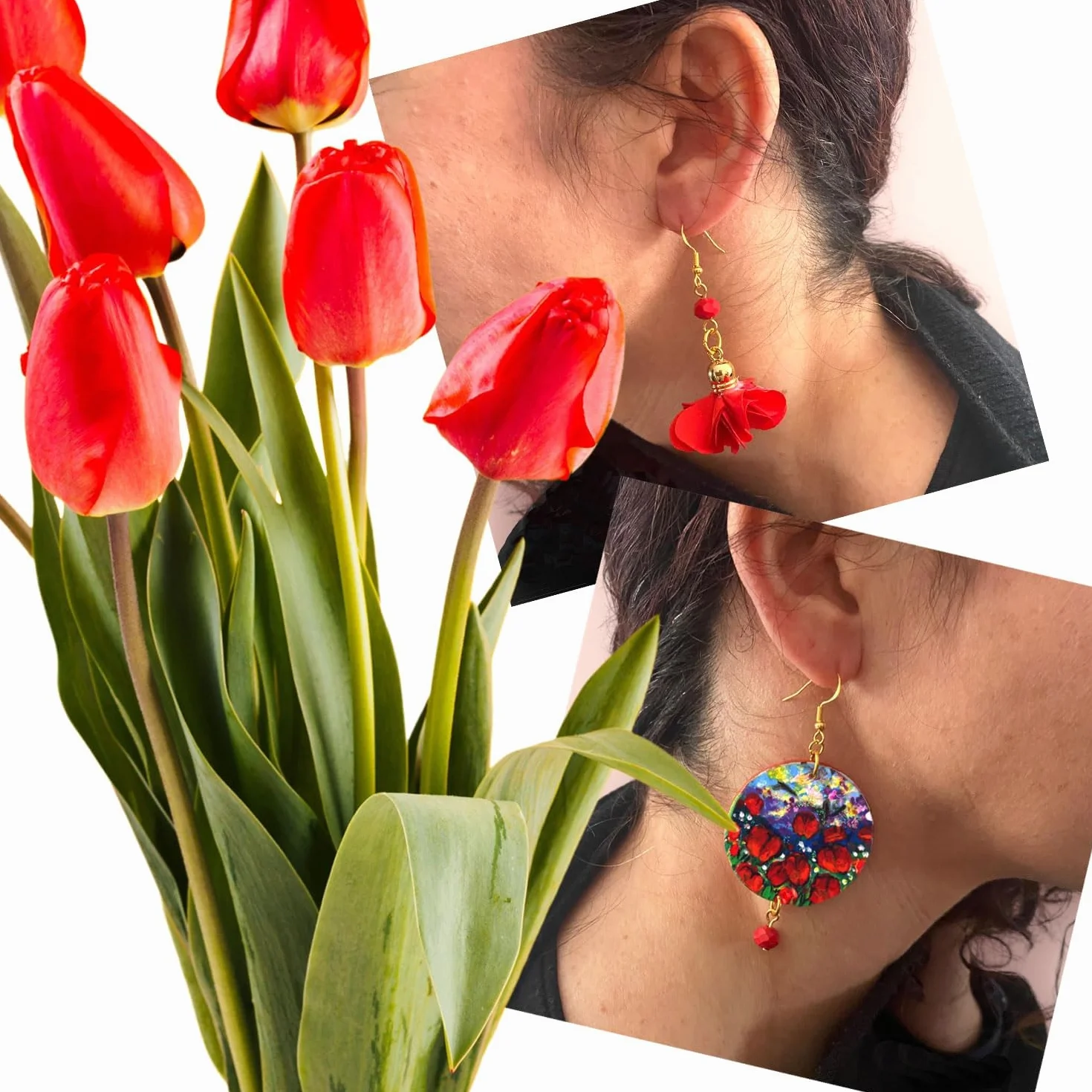 Orecchini dipinti a mano TULIPANI ROSSI ASIMMETRICI - Gancio in argento, Made in Italy, Arte Lisanti