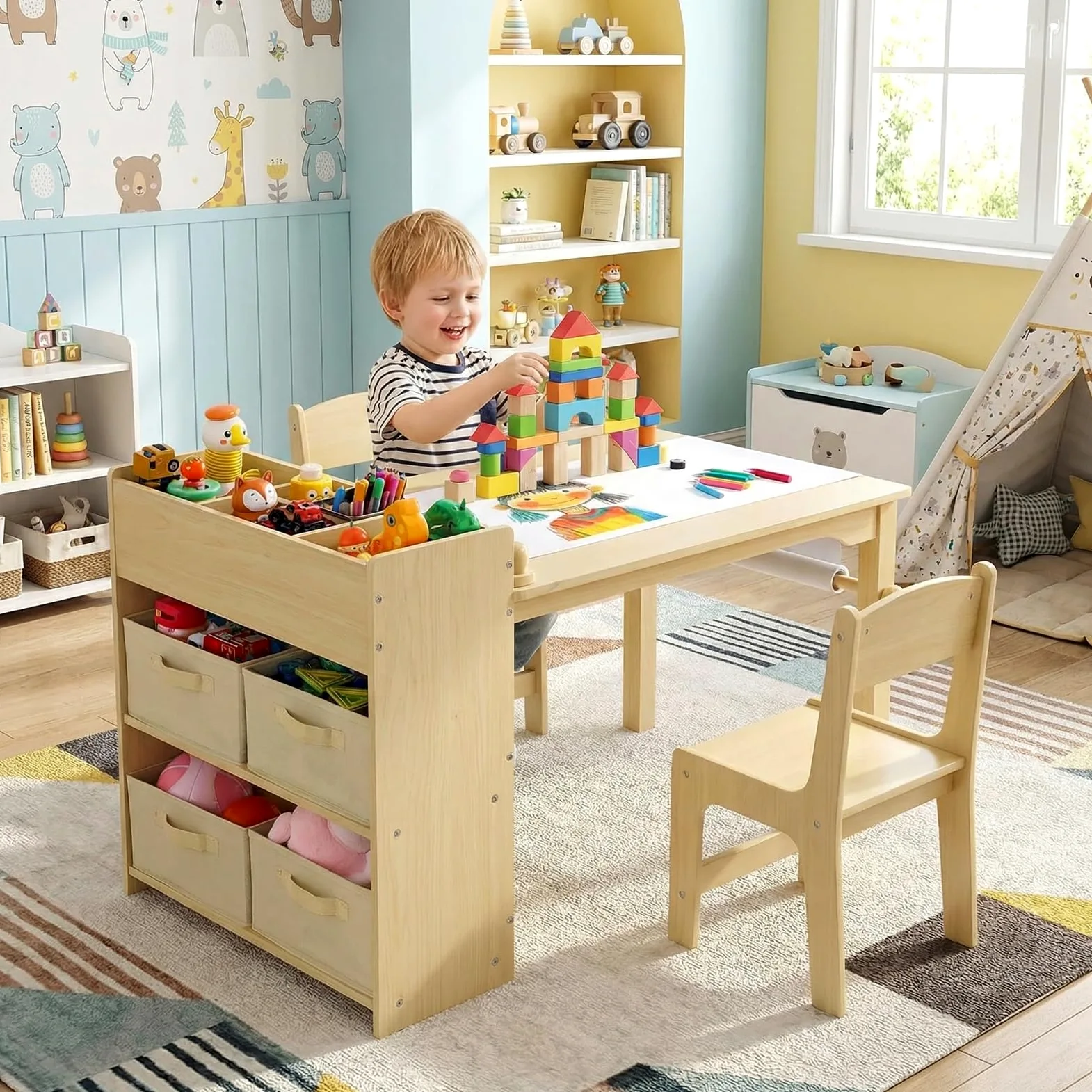 MAMIZO Tavolo per Bambini con 2 PCS Sedie, Tavolo in Legno con Rotolo di Carta, Mobile Montessori per Bambini 3-8 Anni, Ideale per Pittura/Leggere/Mangiare/Giocare, Montaggio Semplice Giallo
