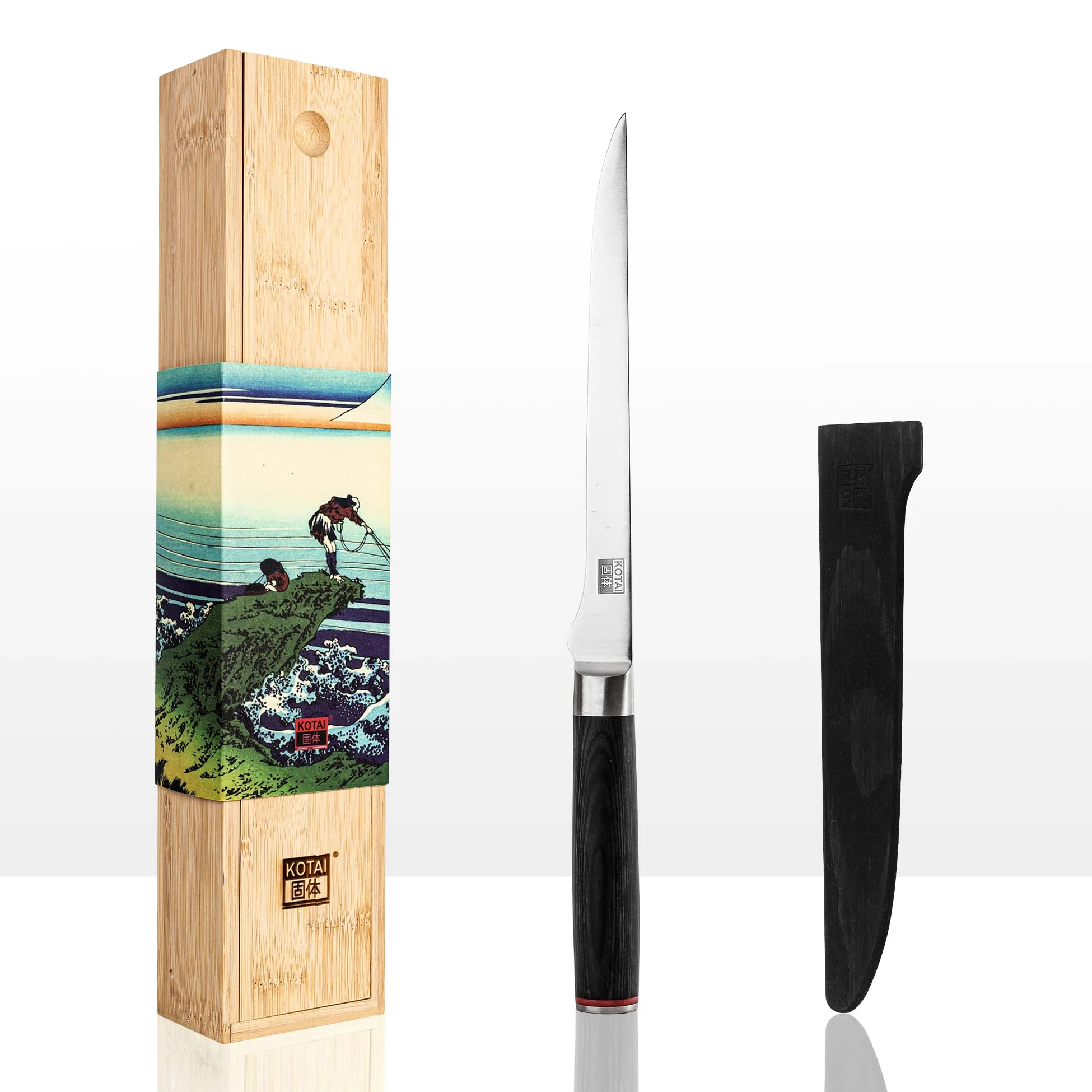 KOTAI | Coltello da pesce | Filetto di sogliola | Lama flessibile da 20 cm | Ideale per sfilettare il pesce | Affilato a mano | Acciaio inossidabile giapponese 440C | Manico in legno di Pakka