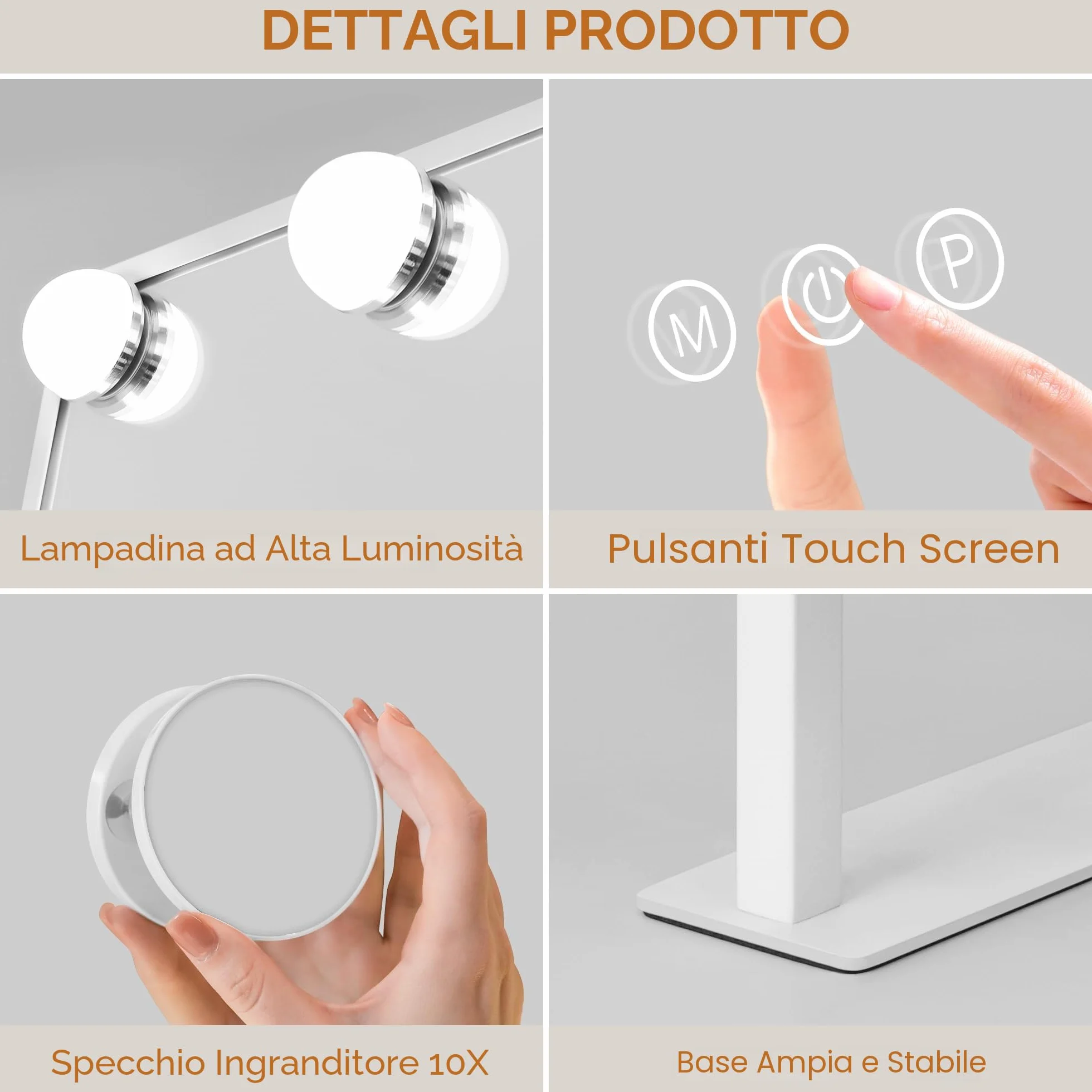 LuxeVue Hollywood Specchio da trucco con luci, specchio illuminato con luce a 3 colori e 9 lampadine a LED dimmerabili, schermo touch intelligente e rotazione di 360 gradi