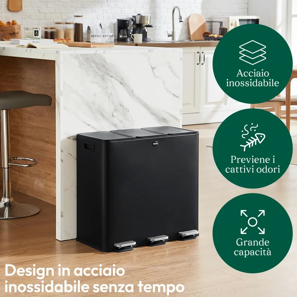 CASABEL Pattumiera Differenziata 3 Scomparti 3x20L, in Acciaio Inox Nero, Secchio Spazzatura - Pattumiera da Cucina per Riciclaggio Rettangolare a Pedale - Bidoni Differenziata da Interno