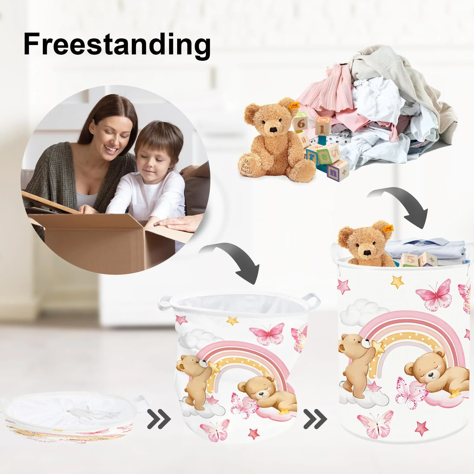 Clastyle Ceste Biancheria Bambini Arcobaleno Cestino Giocattoli Vestiti Impermeabile per Ragazza Cestino Portaoggetti per Bagno Cameretta Bucato, Orso, 36x45 cm