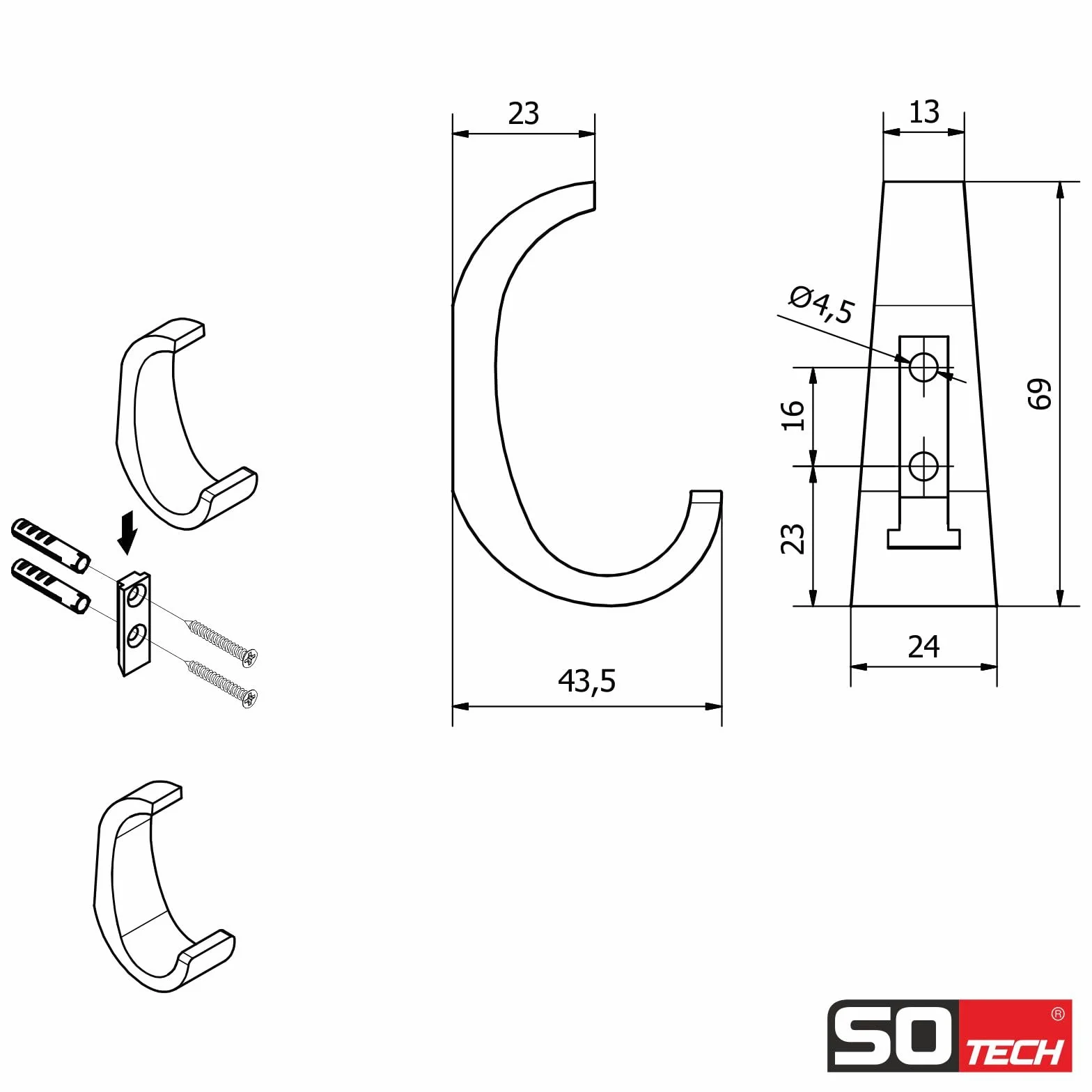 SOTECH Appendiabiti VETRINO 69 x 24 mm Cromo lucido Zinco pressofuso Gancio da parete