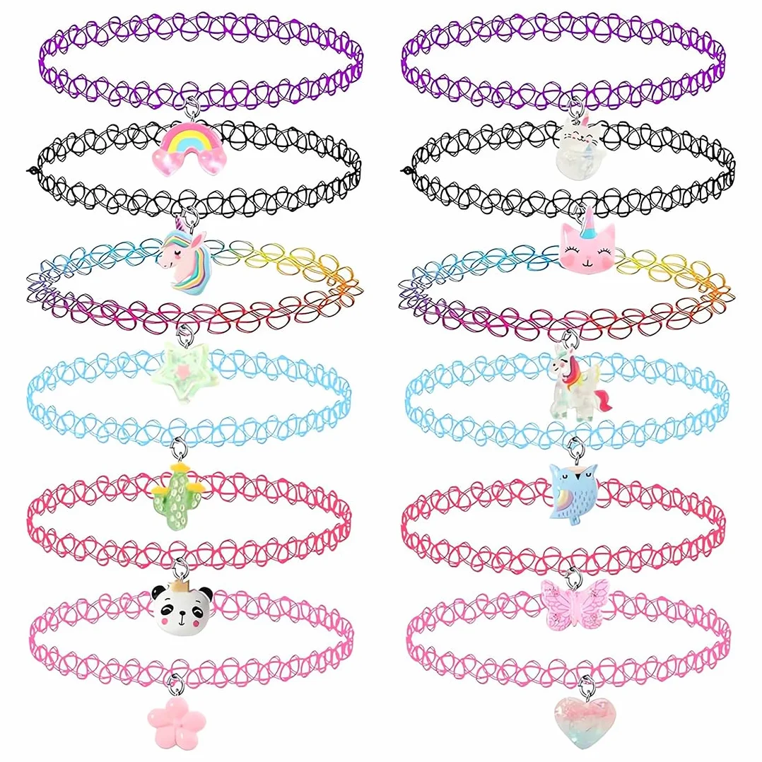 Set di Collane per Bambini 12 Pezzi Unicorno Arcobaleno Gatto Cuore Fiore Sirena Elastico