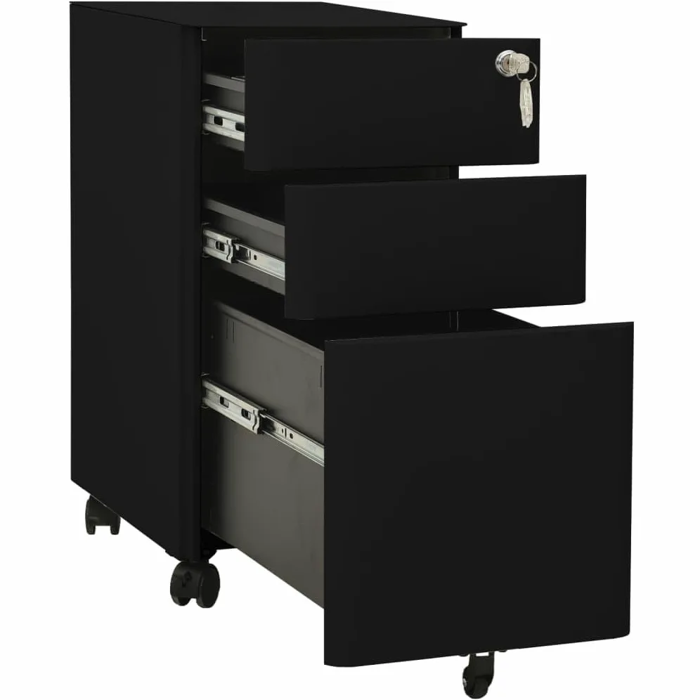 Hothingwell Raccoglitore Mobile Nero 3 Cassetti Acciaio 30x45x59 cm | Con serratura, barre di sospensione rimovibili, portamatita, guide a sfera, sotto scrivania