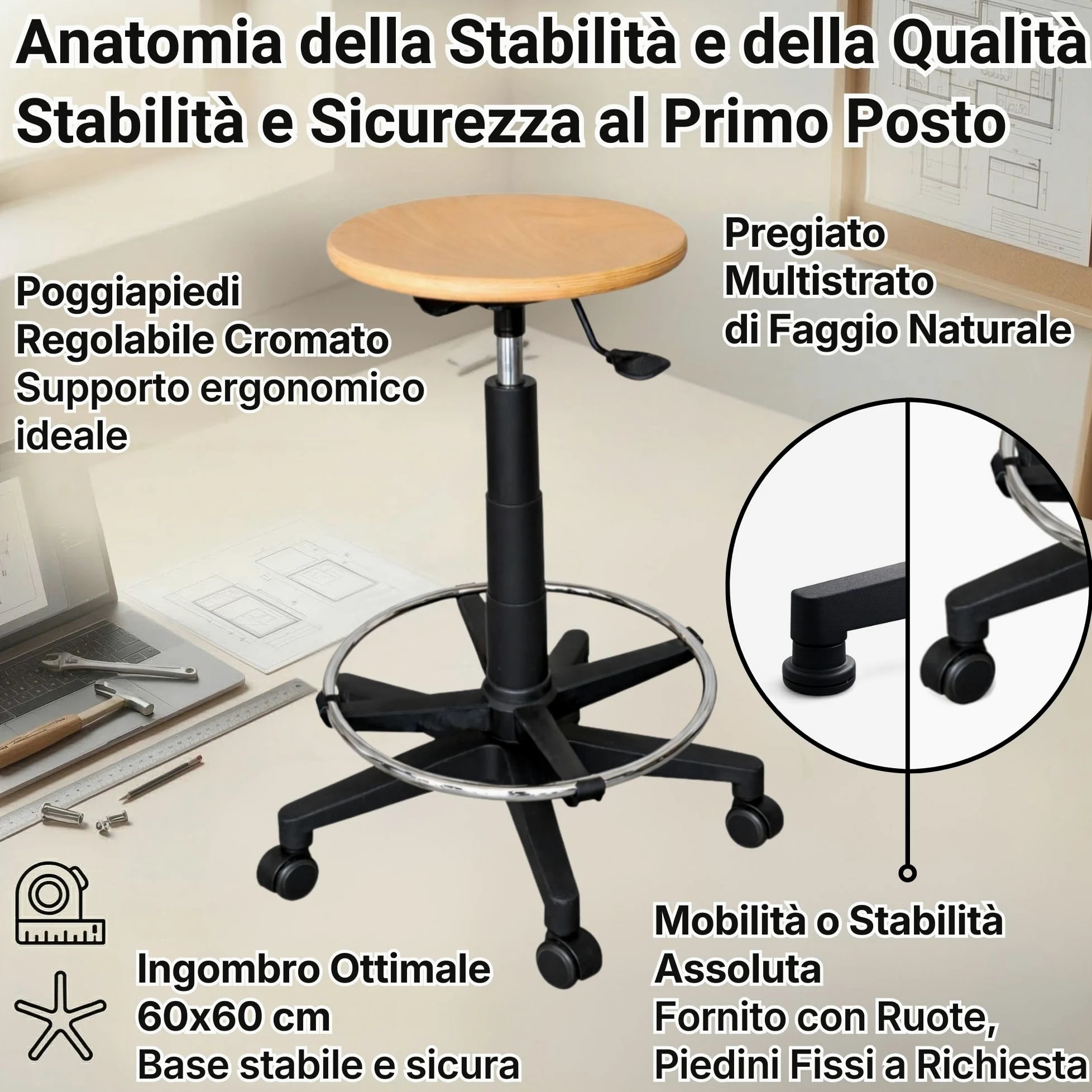 IDEALSEDIE Sgabello CON PIEDINI girevole regolabile in altezza, PUO' ESSERE RICHIESTO CON RUOTE IN FASE DI ORDINE IN ALTERNATIVA AI PIEDINI, tondello in multistrato di faggio - H Min 57Cm H Max 83 Cm