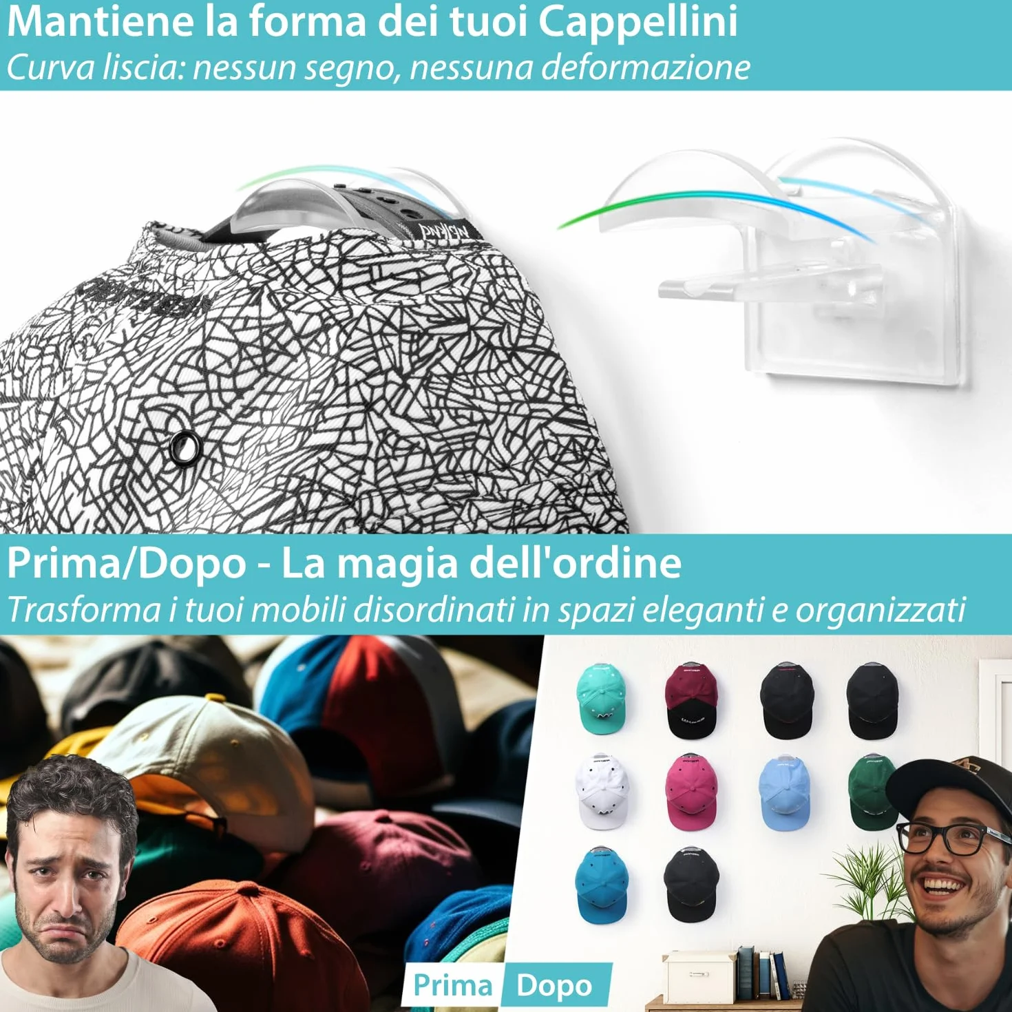 Ganci Porta Cappelli Trasparenti 10 Pezzi – Appendi Cappellini Invisibili Senza Trapano Supporti (Adesivi o con Viti) Elegante Organizer per Cappellino Parete Armadio Porta Giacche da Ingresso Camera