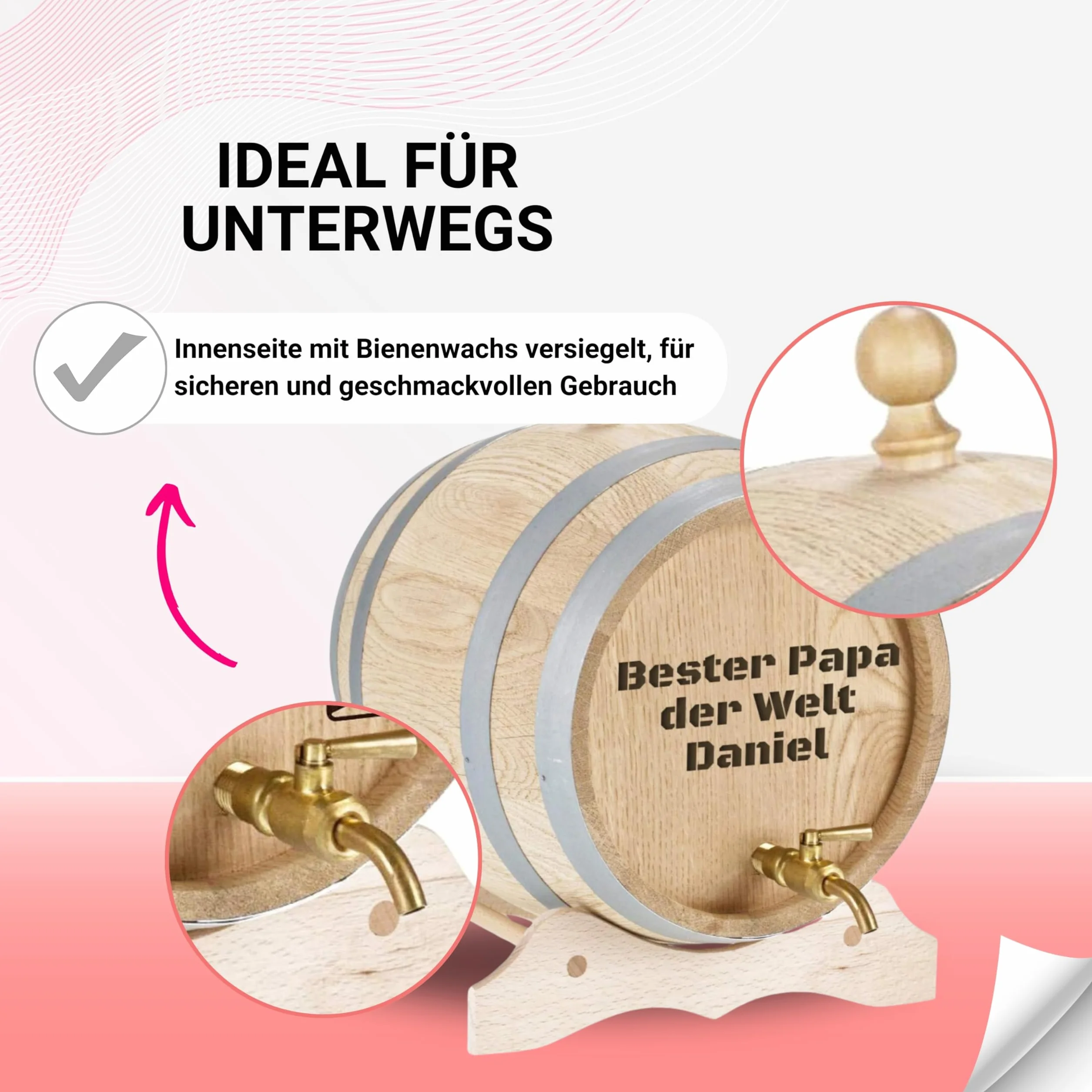 Barile in legno con incisione personalizzata e rubinetto in ottone, botte in rovere massiccio, con nome come regalo di compleanno, Natale (3 litri)