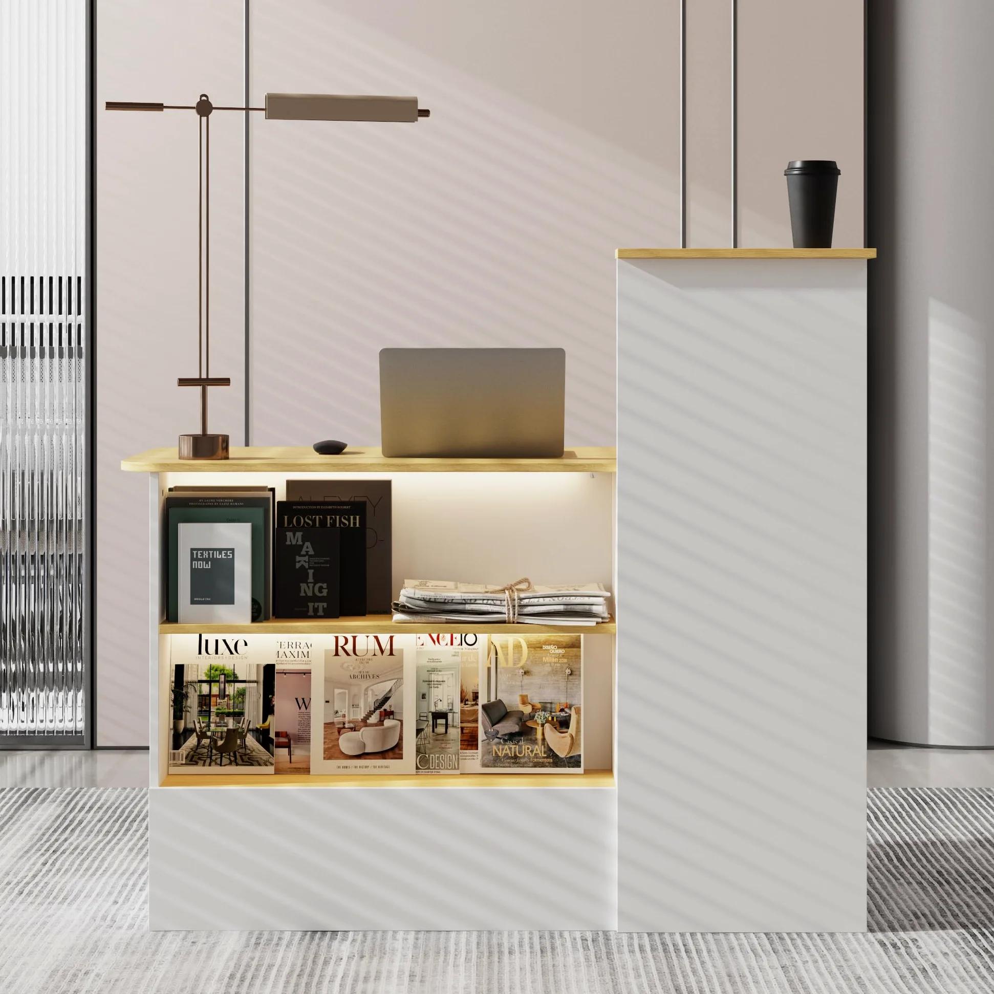 Banco reception, tavolo da reception, bancone con illuminazione a 3 colori, tavolo reception con 1 cassetto e 1 armadio, bancone con area espositiva aperta con 2 scomparti bianco + legno naturale
