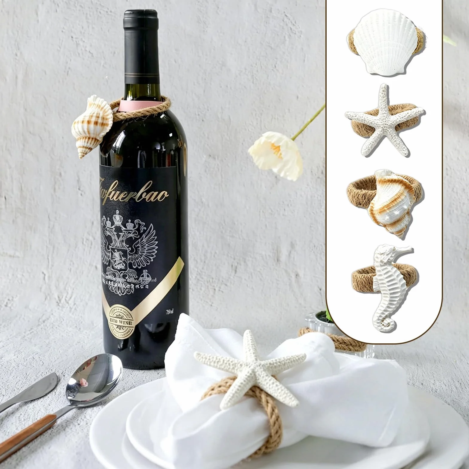 Set di 4 Portatovaglioli A Tema Oceano, Rustico In Stile Costiero Anelli Portatovaglioli In Juta, Stella Marina, Cavalluccio Marino, Conchiglia, Buccino per Cene, Feste, Decorazione Da Tavolo