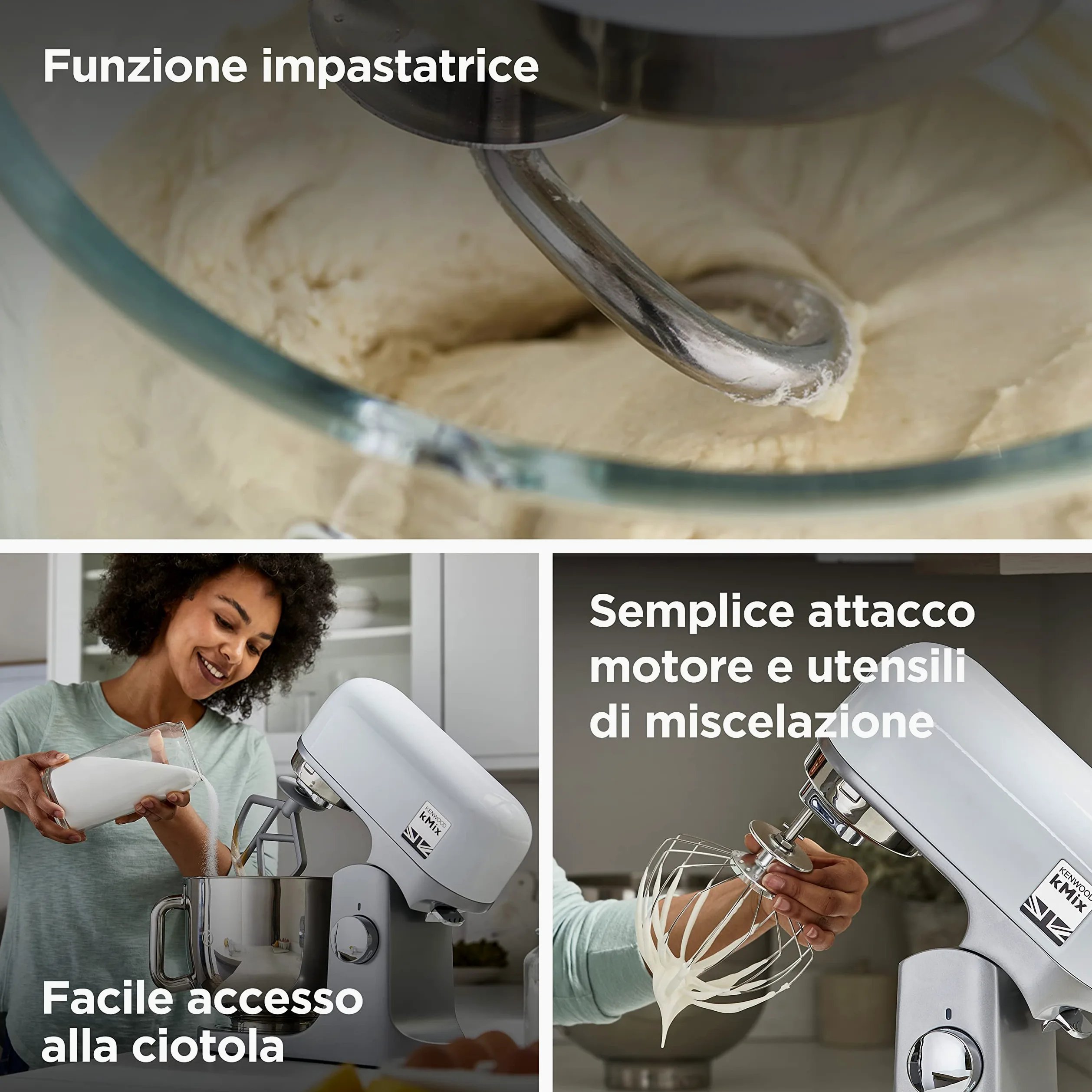 Kenwood KMX750WH KMIX Impastatrice Planetaria con Ciotola con Manico in Acciaio 5L, 3 Ganci di Miscelazione, Potenza 1000W, Personalizzabile con Oltre 20 Accessori Acquistabili Separatamente, Bianco