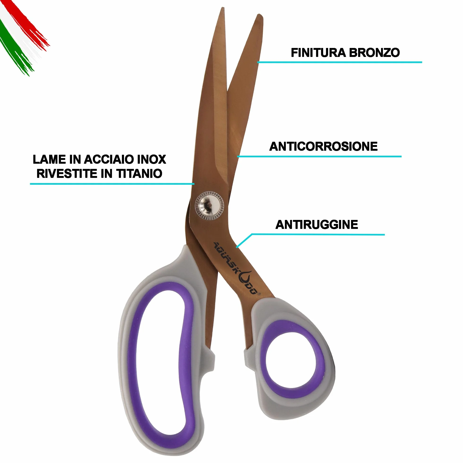 AQUASKUDO Forbici Multiuso Professionali in Acciaio Inox Rivestite in Titanio Finitura Bronzo - Made in Italy