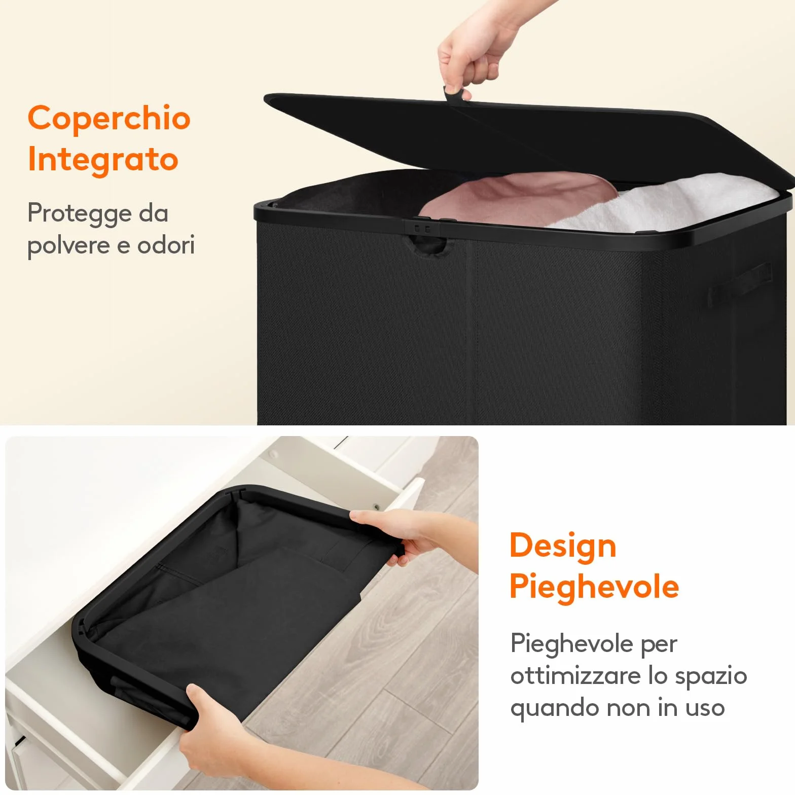Lifewit Cesto Portabiancheria con Coperchio, Grande Portabiancheria Pieghevole a 3 Scomparti con Sacchi Rimovibili, Laundry Basket per Camera da Letto, Bagno e Lavanderia, 150L, Nero