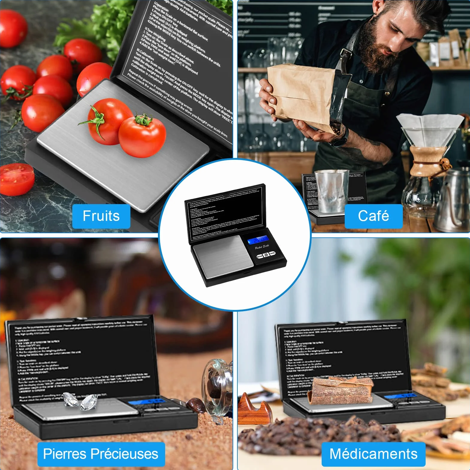 QEIHITYO Bilancia di precisione, 500 g/0,01 g, con display LCD e funzione per caffè erbe, gioielli pietre preziose, 7 unità (2 batterie incluse)