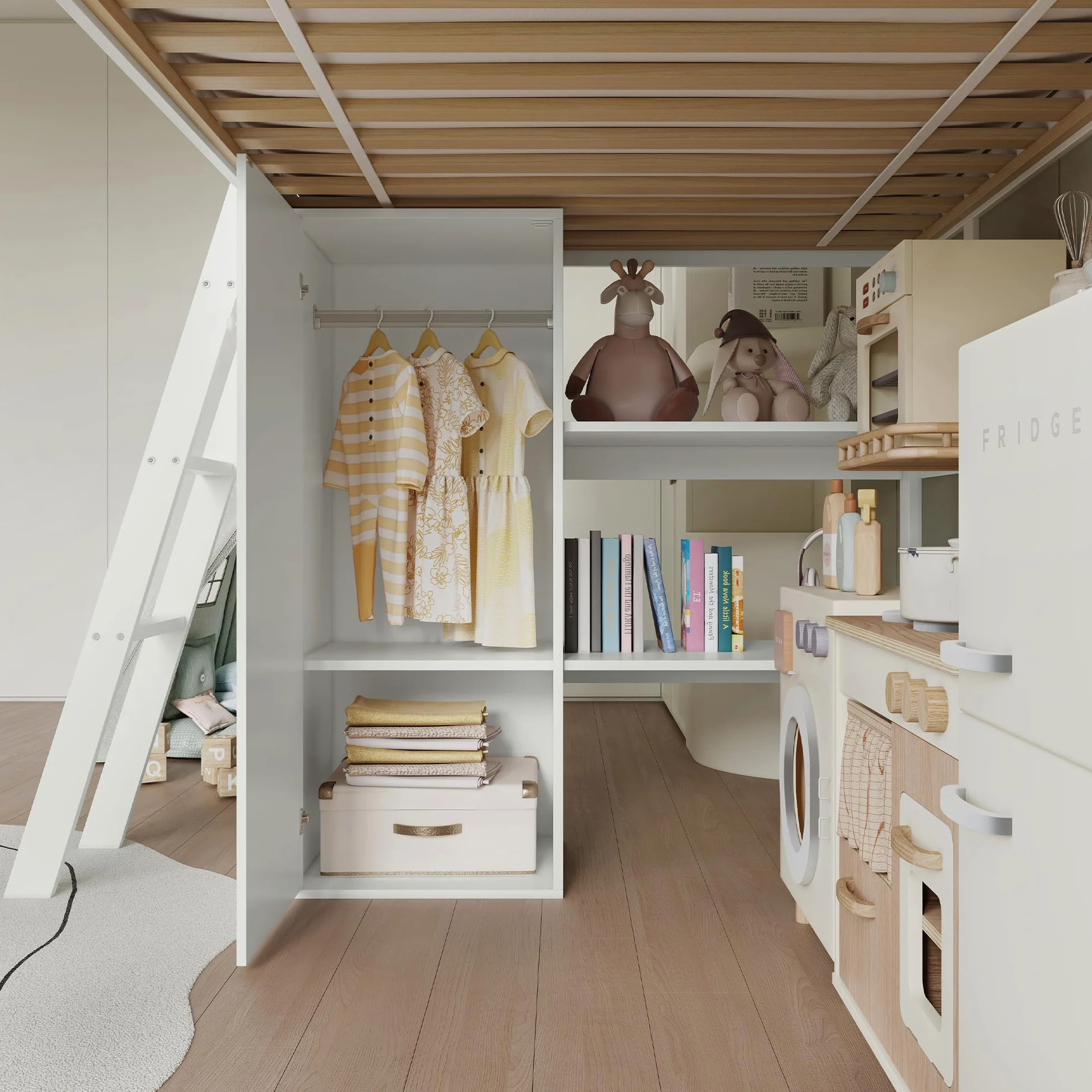 Azkoeesy Letto a Soppalco per Bambini con Scivolo, Scala Inclinata, Armadio, Mensole Librarie Integrate, Parapetto di Sicurezza Ondulato, in Pino Massiccio, Bianco, 90x200 cm