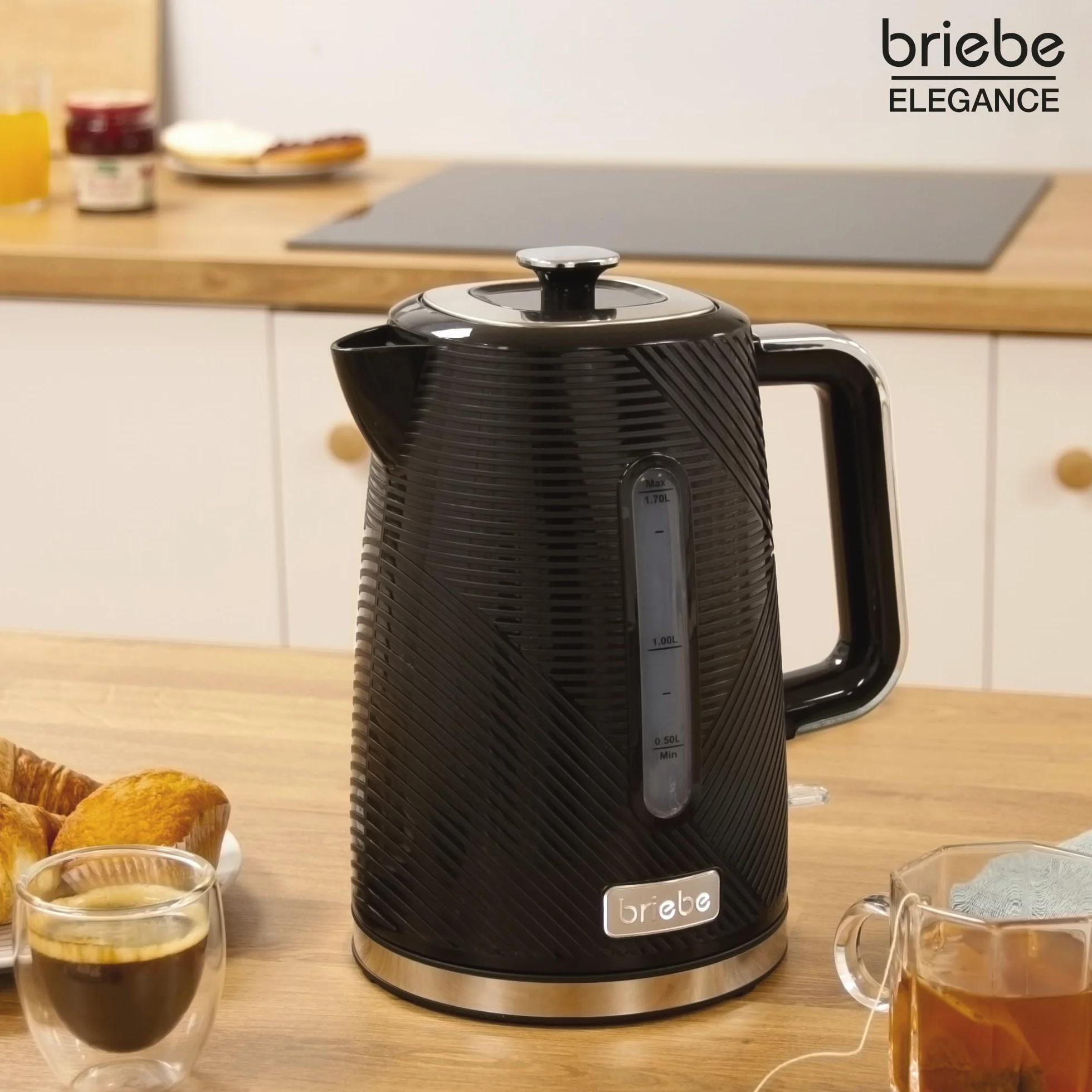 briebe Elegance, Set tostapane con fessura larga 2 fette + bollitore d'acqua elettrico 1,7 l senza fili 2200 W, senza BPA + caffettiera a goccia con filtro 10 tazze 1,25 l, set colazione design