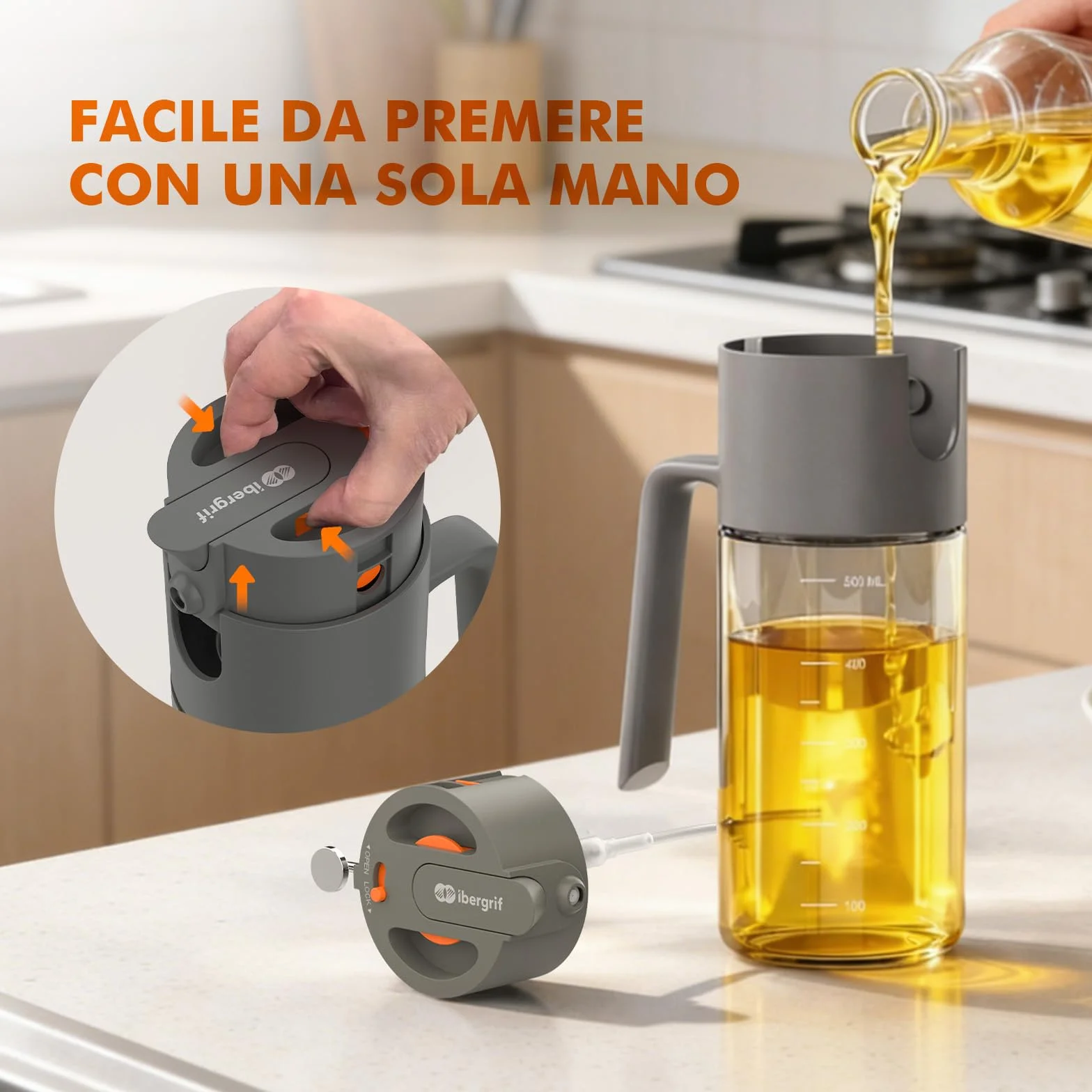 Ibergrif Spruzzatore Olio 2 in 1 500ml, Bottiglia Vetro Borosilicato Antigoccia per Friggitrice Aria