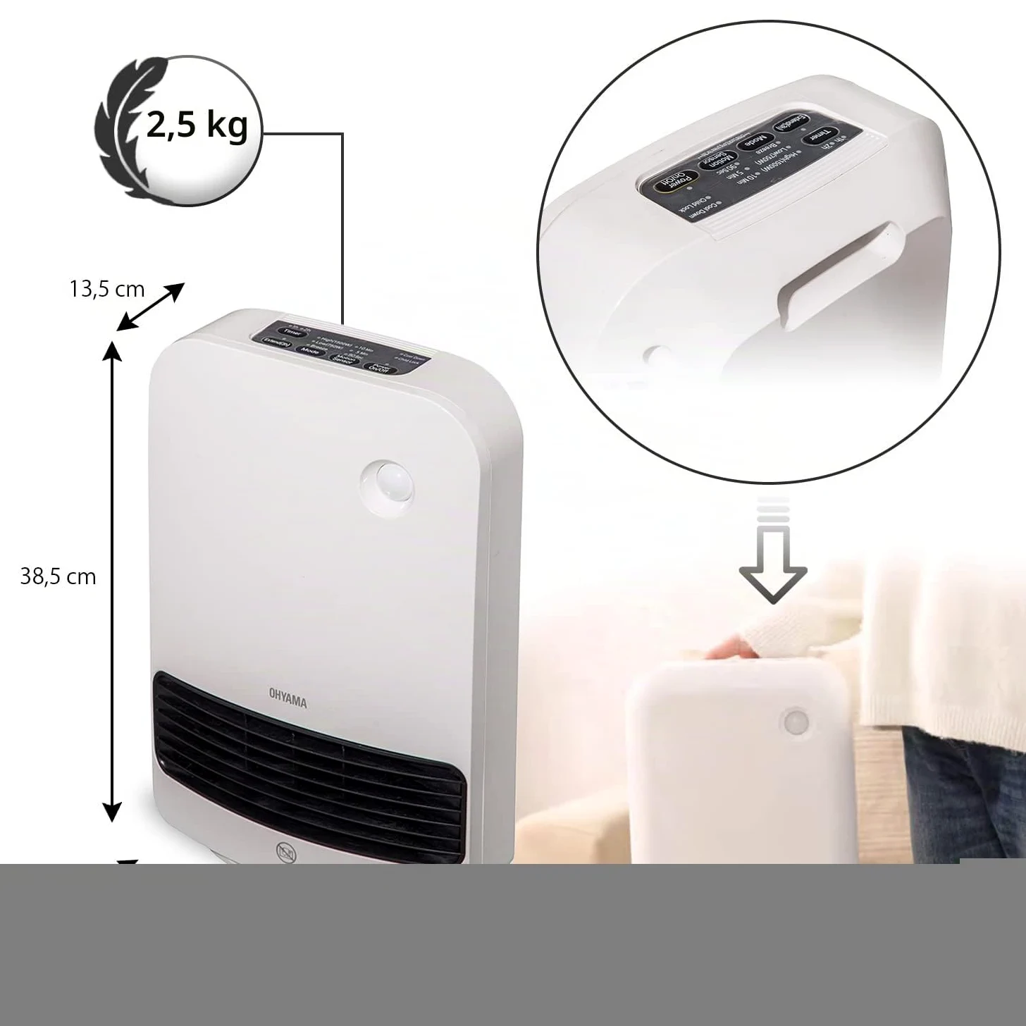Iris Ohyama, Riscaldatore compatto/Radiatore mobile in ceramica, Portata 90cm, 1500W, Rilevatore di movimento per il risparmio, Timer, Bagno, soggiorno - Ceramic Fan Heater JCH-15TD4 - Bianco