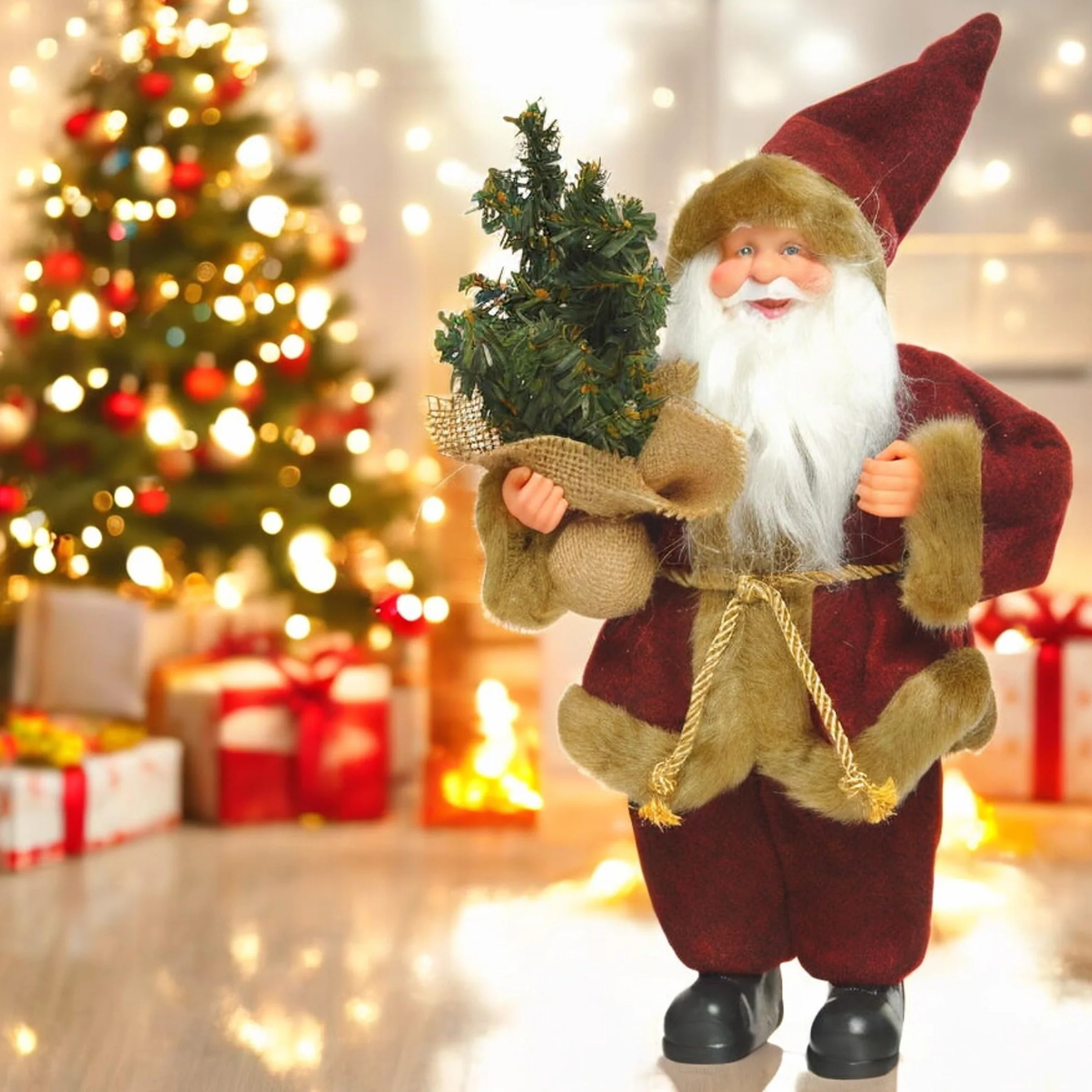 MIJOMA Statuetta decorativa di Babbo Natale – 30 cm nostalgica decorazione natalizia in rosso scuro con piccolo albero di Natale, decorazione natalizia invernale per atmosfera festiva
