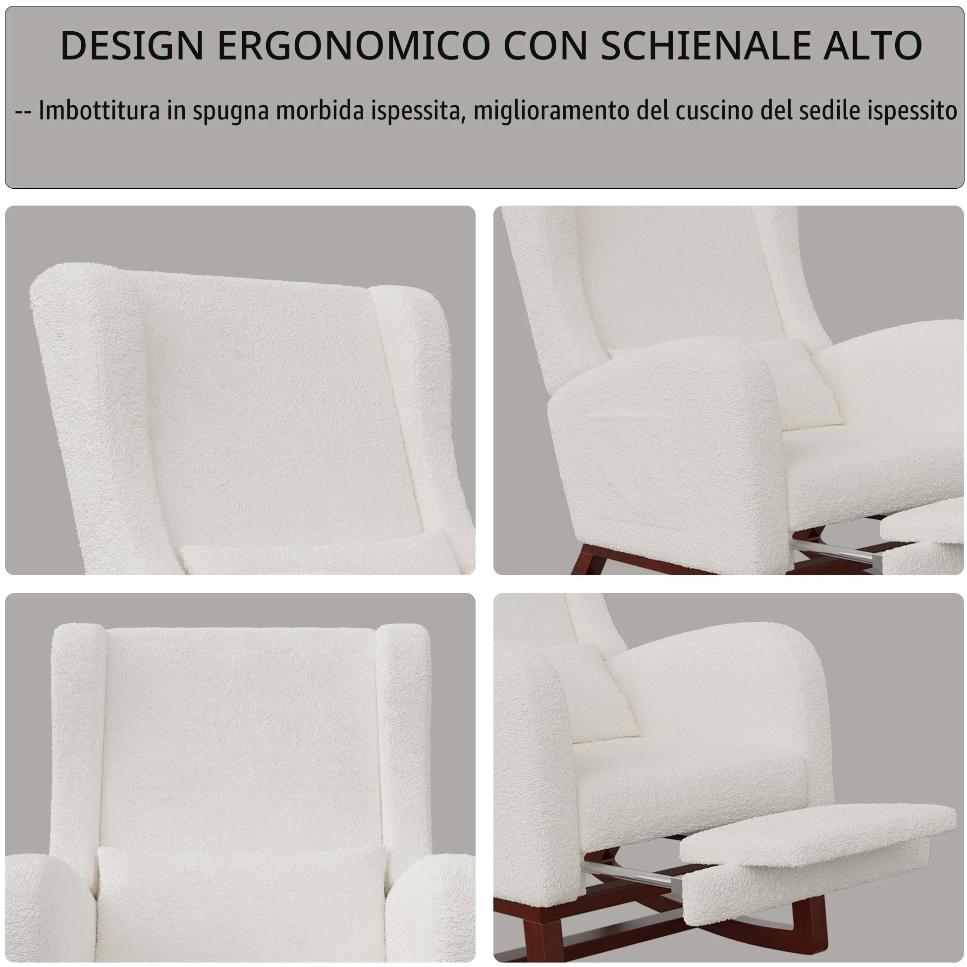 Poltrona a dondolo con poggiapiedi, sedia allattamento con cuscino lombare e 2 tasche laterali, poltrona da allattamento con gambe in legno massello, per soggiorno, camera da letto, beige