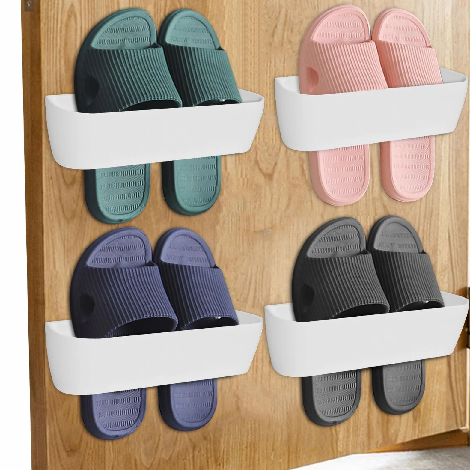 4 portascarpe da parete senza foratura, per camper, scarpe da bagno, scarpiera da appendere, salvaspazio, montaggio a parete con strisce adesive, appendiabiti, in plastica, colore bianco