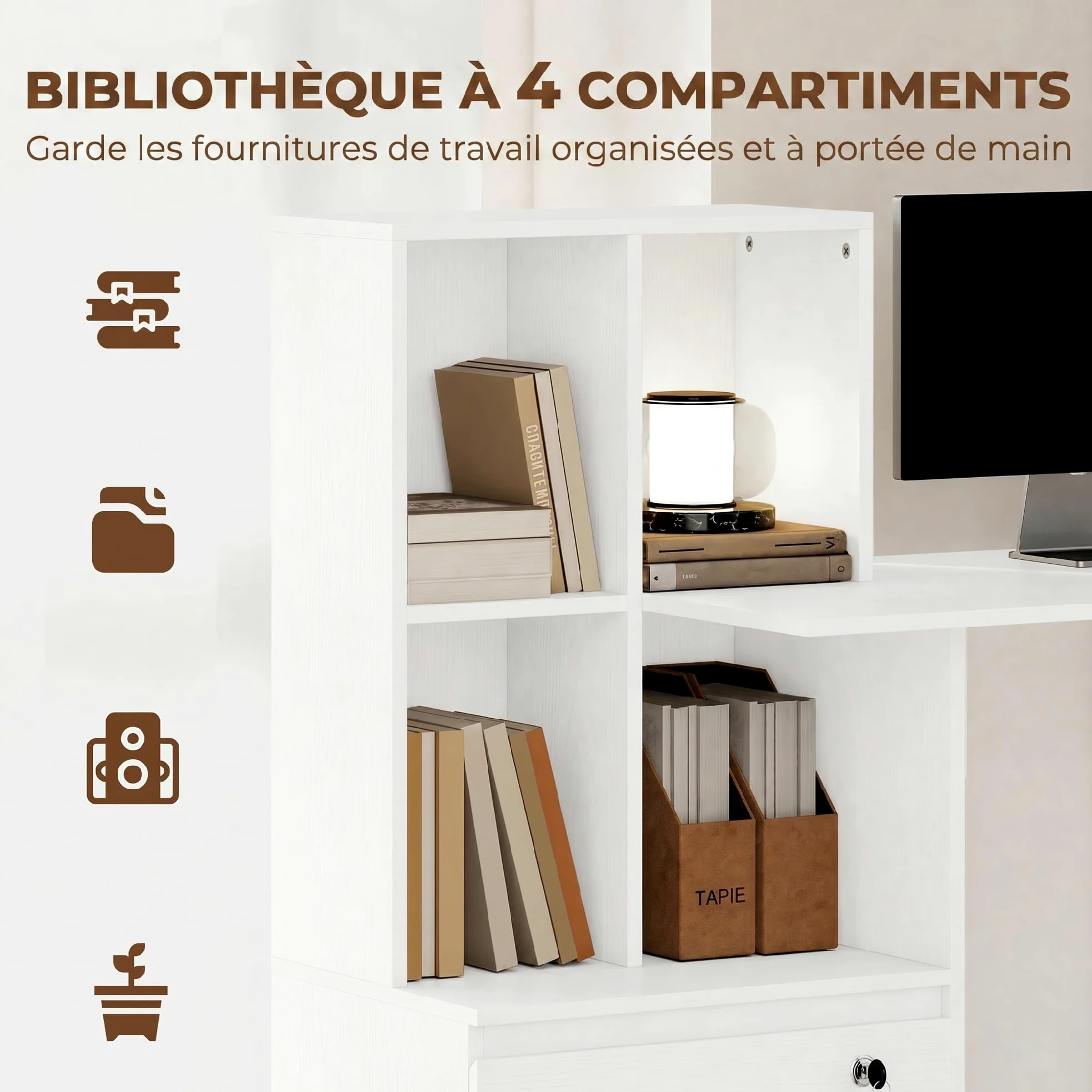 HOMCOM Scrivania 126 cm con cassetti bloccabili, grana del legno bianca | Scrivania per home office, libreria, scrivania, per camera da letto, studio