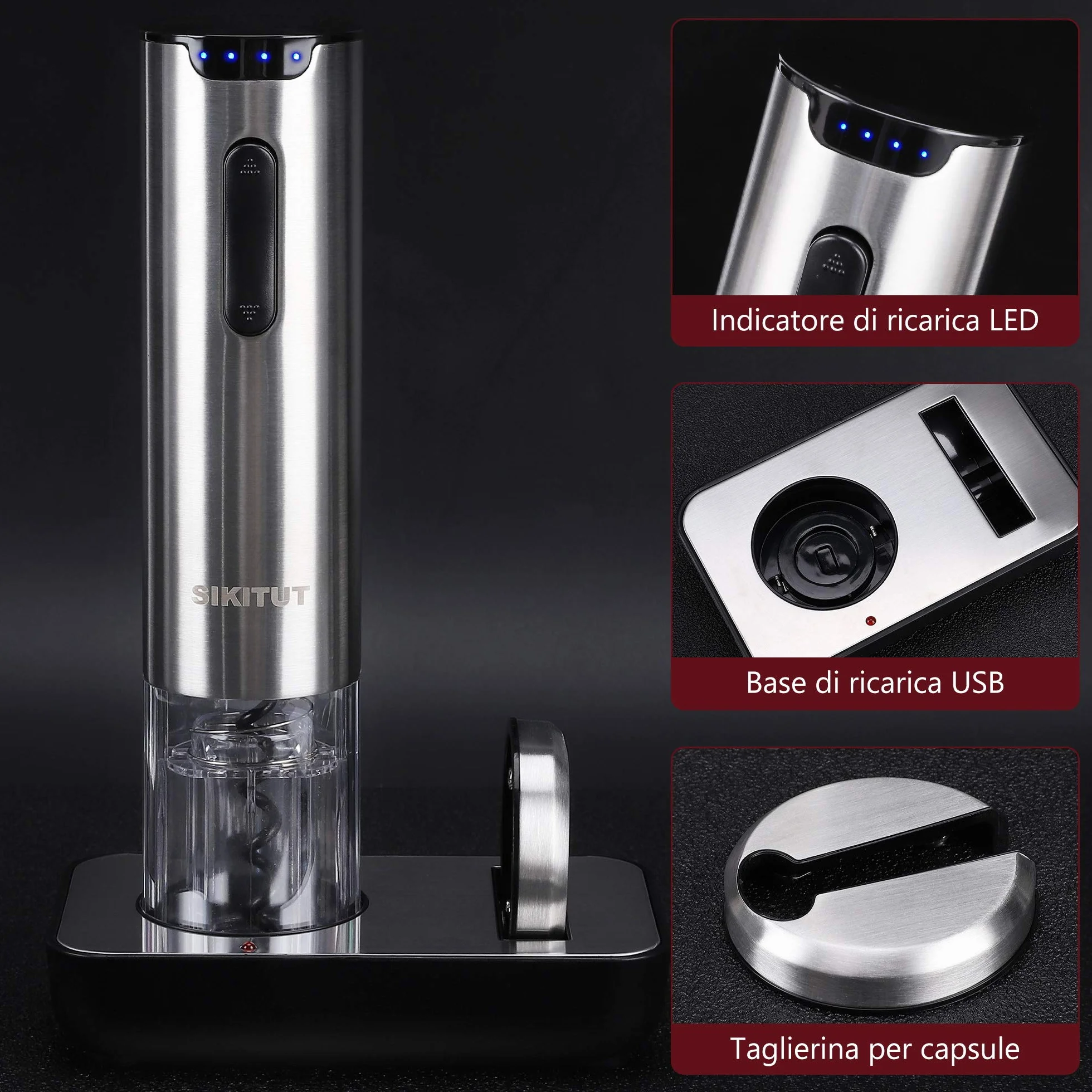 Cavatappi Elettrico Professionale Acciaio Inossidabile con Indicatore LED Batteria e Base Ricarica USB