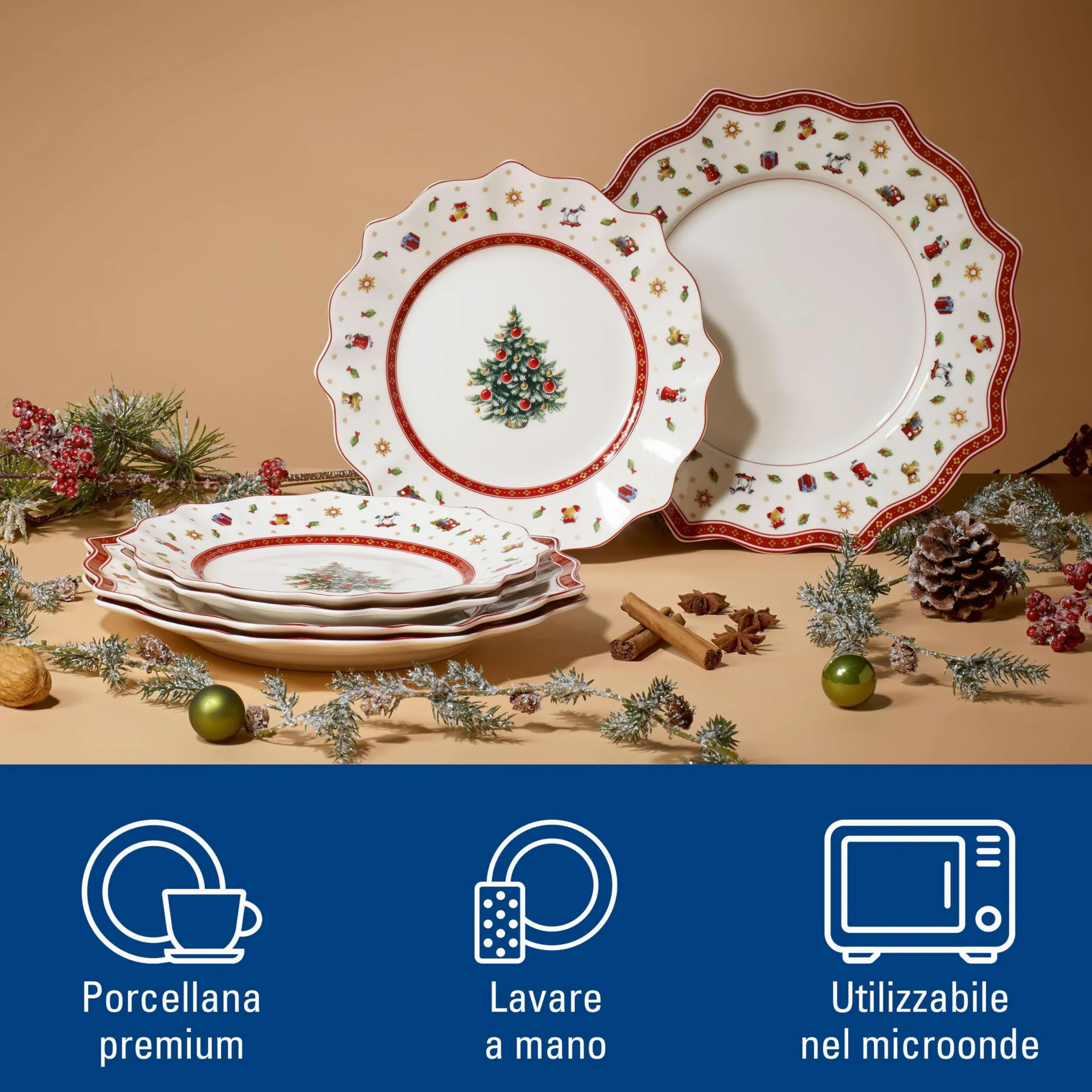 Villeroy & Boch - Toy's Delight Dinner Set 8 Pezzo Rosso,Bianco, Adatto per Microonde, Piatto Ceramica Natale, Decorazione Natalizie, Set di Stoviglie, Servizio, Porcellana Premium
