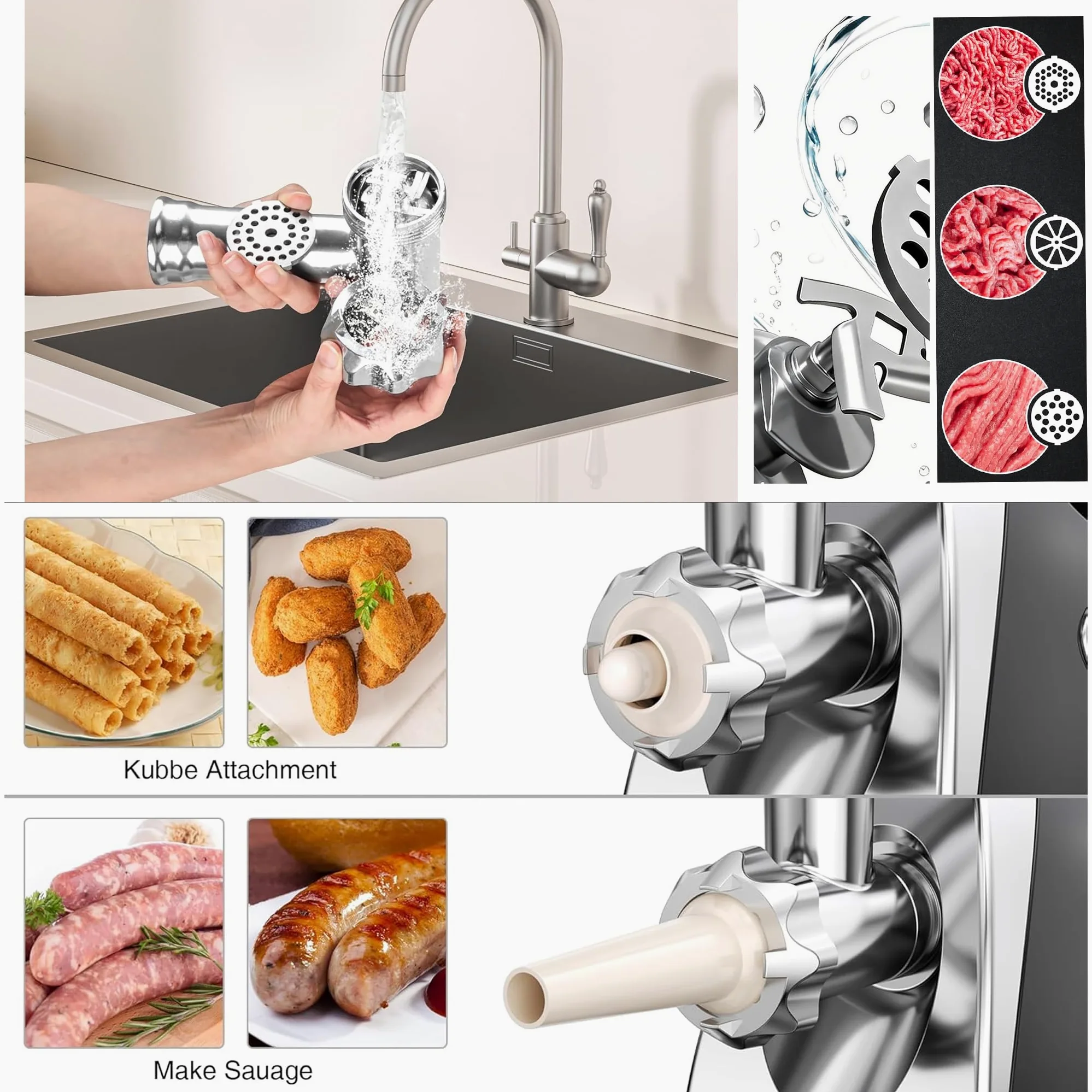 Tritacarne Passapomodoro Elettrico 2800W Max 3 in 1 con Spremipomodoro e Tritaverdure, 3 Dischi in Acciaio Inox + Accessorio Kubbe, Multifunzionale per Carne e Verdure