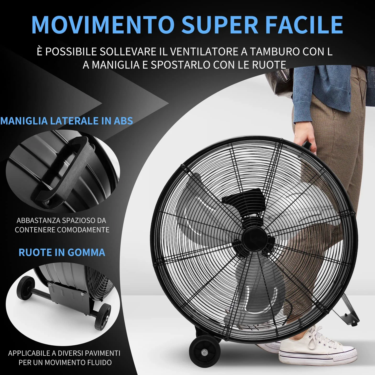 COSTWAY Ventilatore da Terra Industriale a 3 Velocità con Pale in Alluminio, Ventilatore a Piantana Potente ad Alta Velocità su Ruote in Gomma, 180W Max, 65x37x67 cm (Nero)
