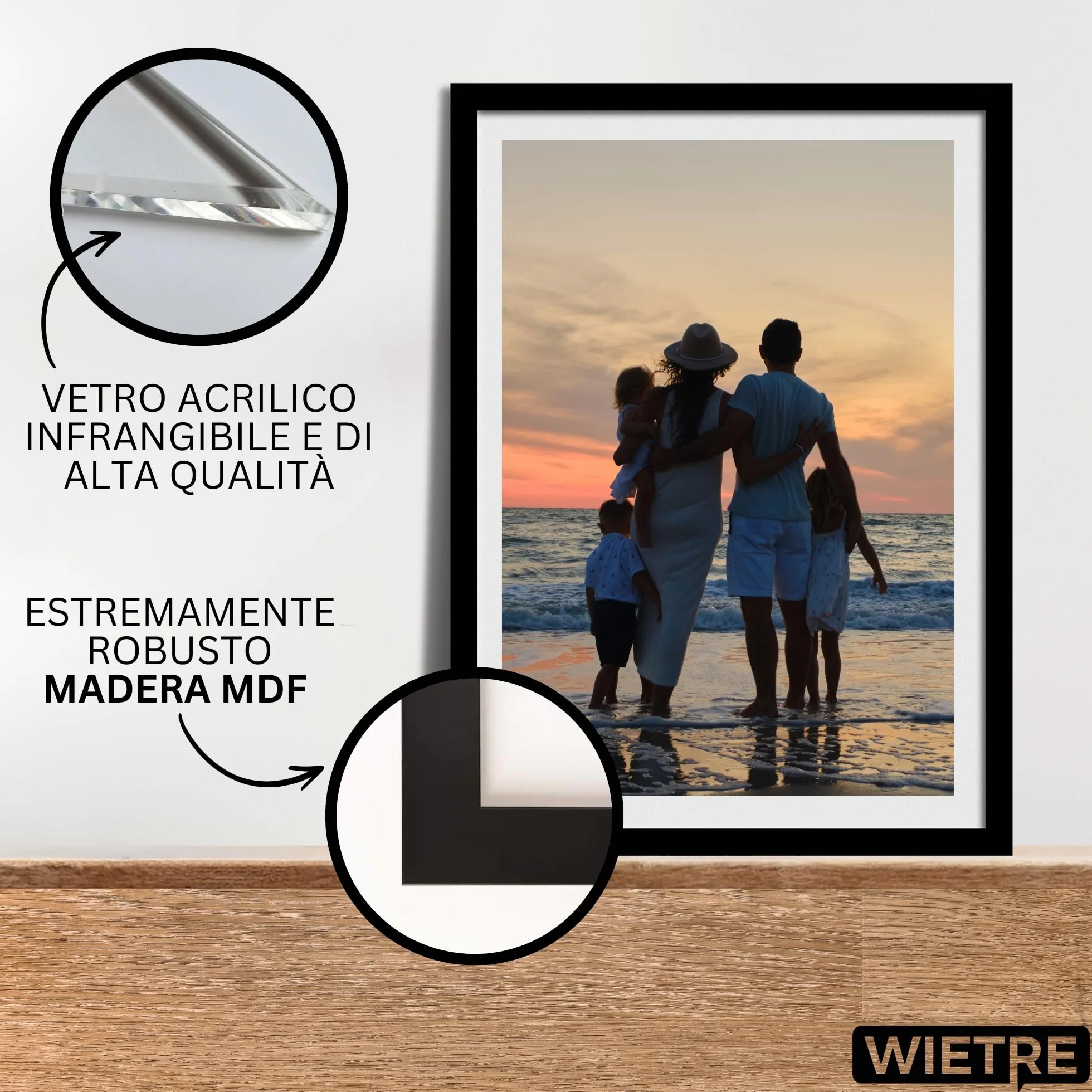 Cornice portafoto A4, 21 x 30 cm, in legno MDF nero, cornice per poster, vetro acrilico infrangibile, da appendere e appoggiare, per foto, immagini e poster