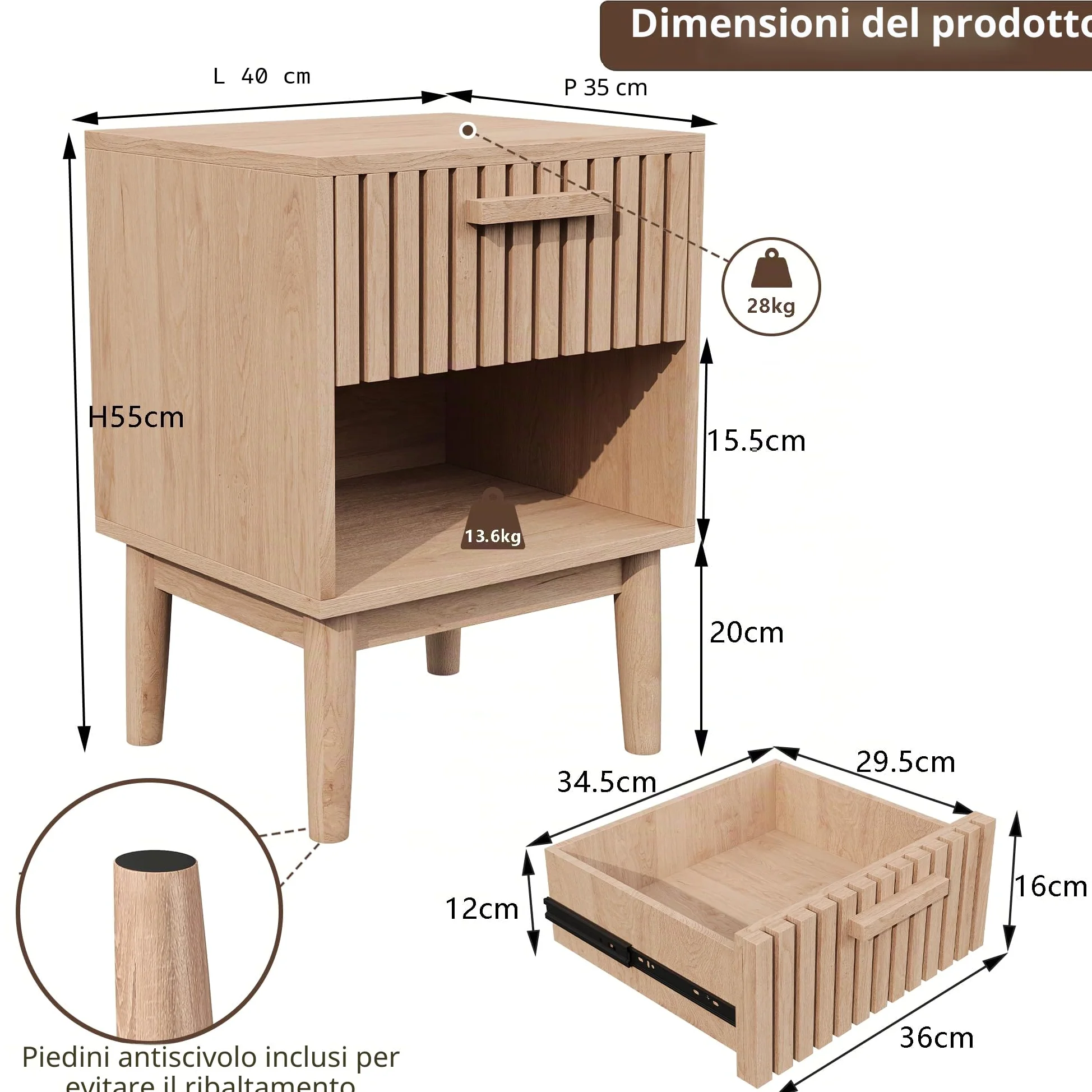 Set di 2 comodini da notte con cassetti e ripiano aperto, tavolino in legno con spazio di archiviazione, comodini moderni in stile boho per camera da letto, soggiorno, 40x35x55cm, colore