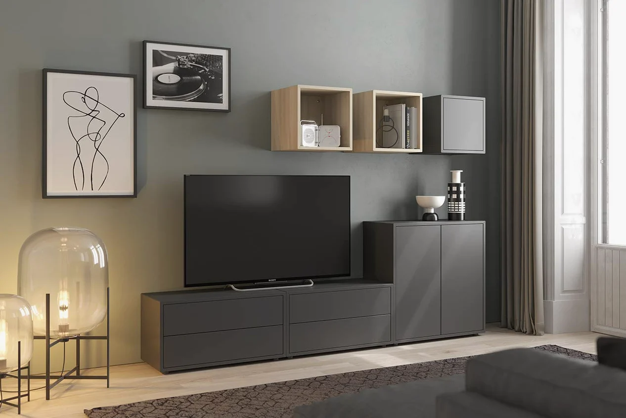 Iconico Home QBE Cubo da parete, 1 ripiano, con 2 ante apertura a pressione, Ingresso, Soggiorno, Camera da letto, Cameretta ragazzi, Studio, 75x35xh75 cm, Grigio scuro