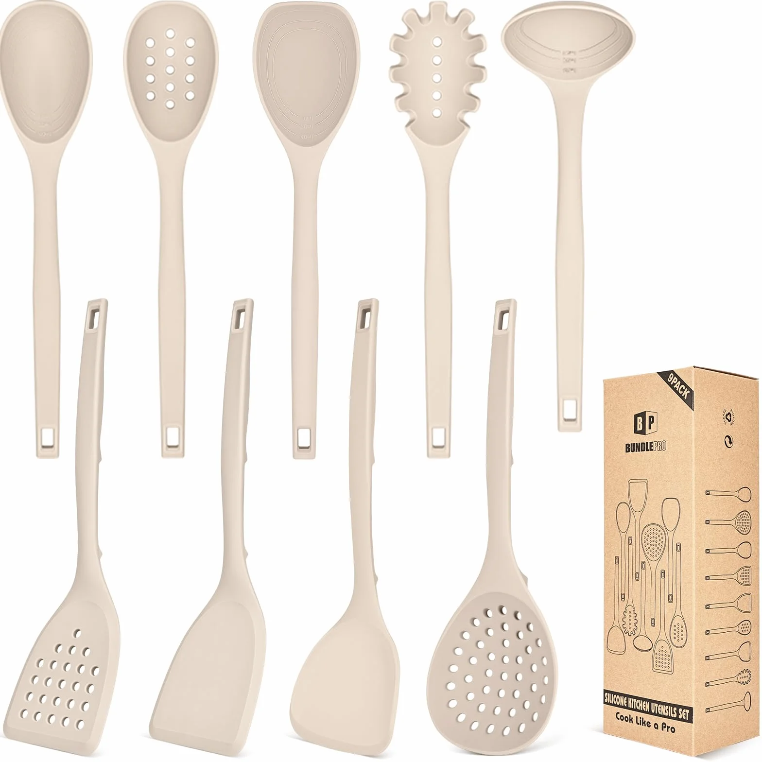 Set di 9 utensili da cucina in silicone, resistenti al calore, con ganci posteriori, senza BPA, con spatole, cucchiai, schiumarola e forchetta per pasta, per pentole antiaderenti (KHAKI)