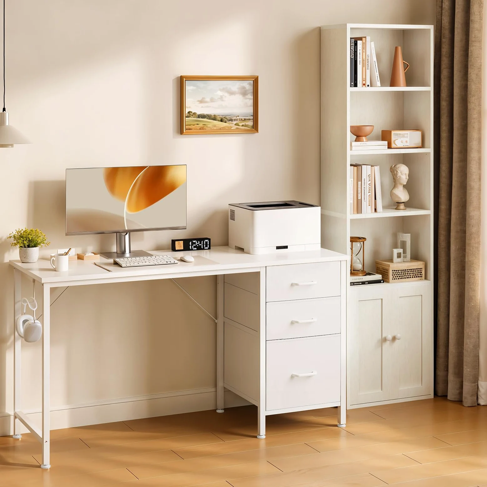 Coleshome Set Mobili Ufficio, Scrivania 120x48cm con 3 Cassetti e Portacuffie & Libreria a 6 Ripiani con Ante 176cm, Set Scrivania e Scaffale Salvaspazio per Casa e Studio, Bianco