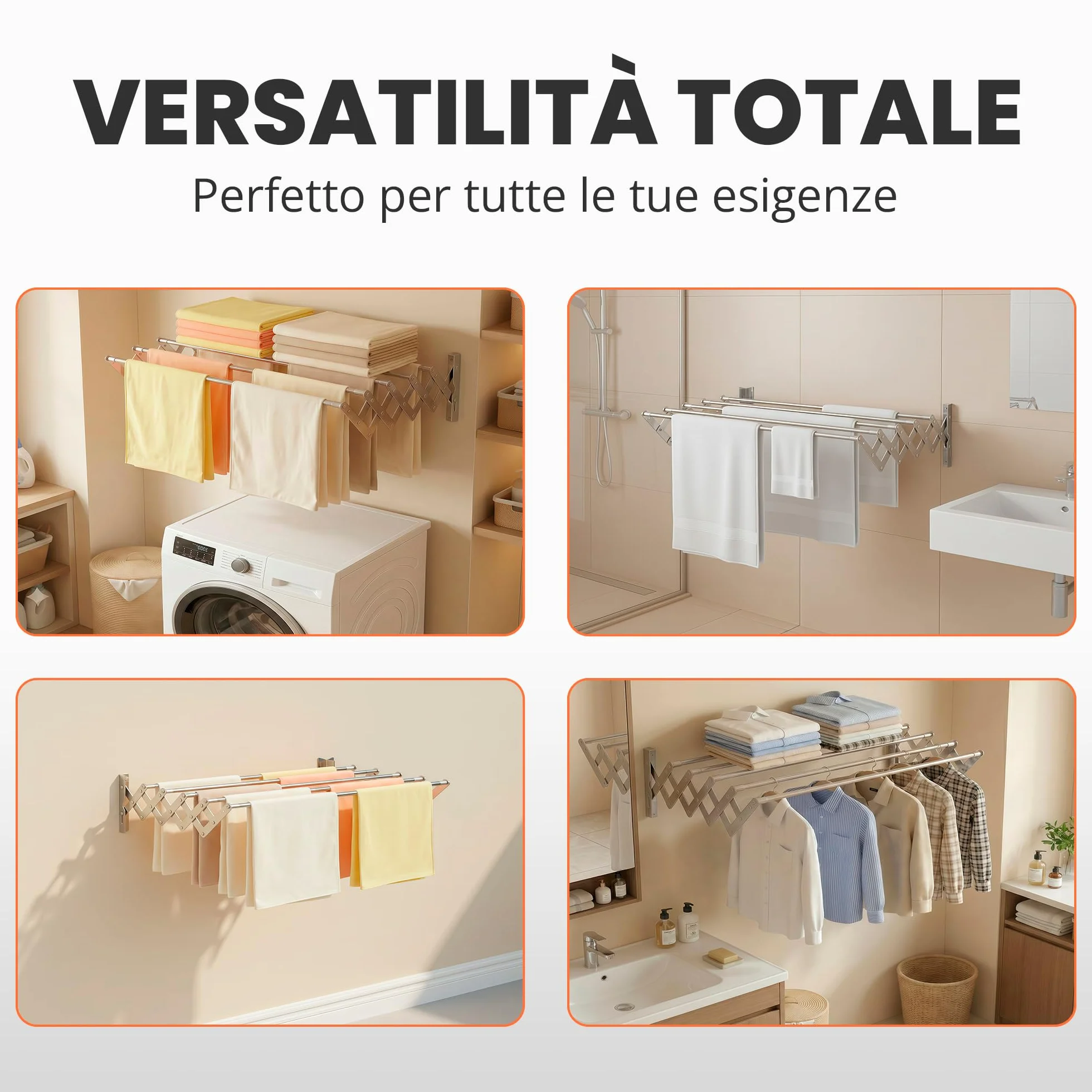 JUPPLIES Stendino da Parete Estensibile 120 cm – Stendibiancheria a Muro Richiudibile – 5 Barre Acciaio Inossidabile