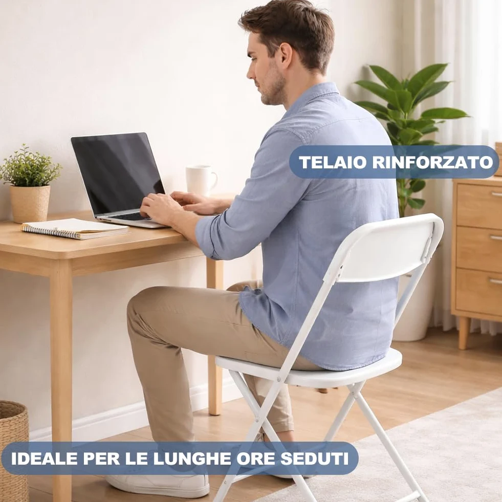 Shally Dogan Set 4 Sedie Pieghevoli Bianche con Struttura in Metallo e Seduta in Polipropilene Ergonomica, Sedia Multiuso Resistente da Esterno ed Interno, Ideale per Bar, Ristoranti, Casa, Giardino