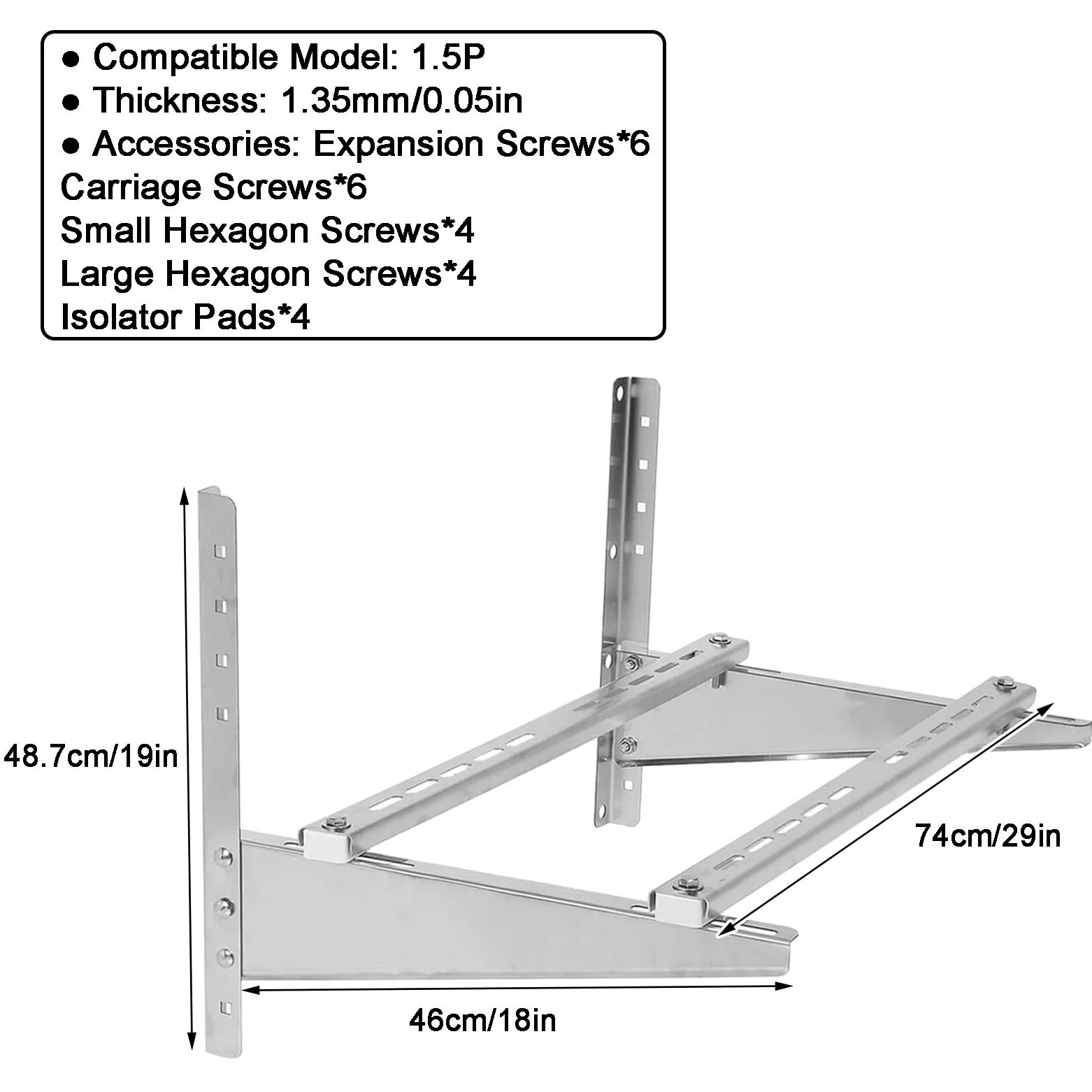 Staffe per Condizionatore Esterno, Staffa Condizionatore D'aria con Doppie Barre Trasversali, Supporto a Parete in Acciaio Inox per Condensatore da 1,5-3 P(48.7x46x74cm/19x18x29in)