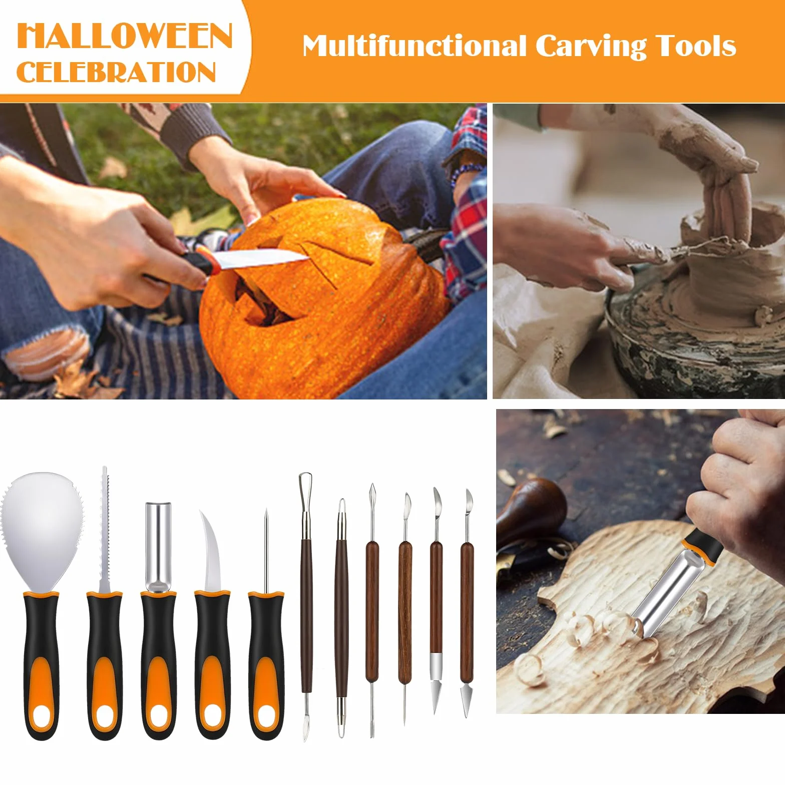 Kit per intagliare la zucca 28 pezzi acciaio inox stencil Halloween