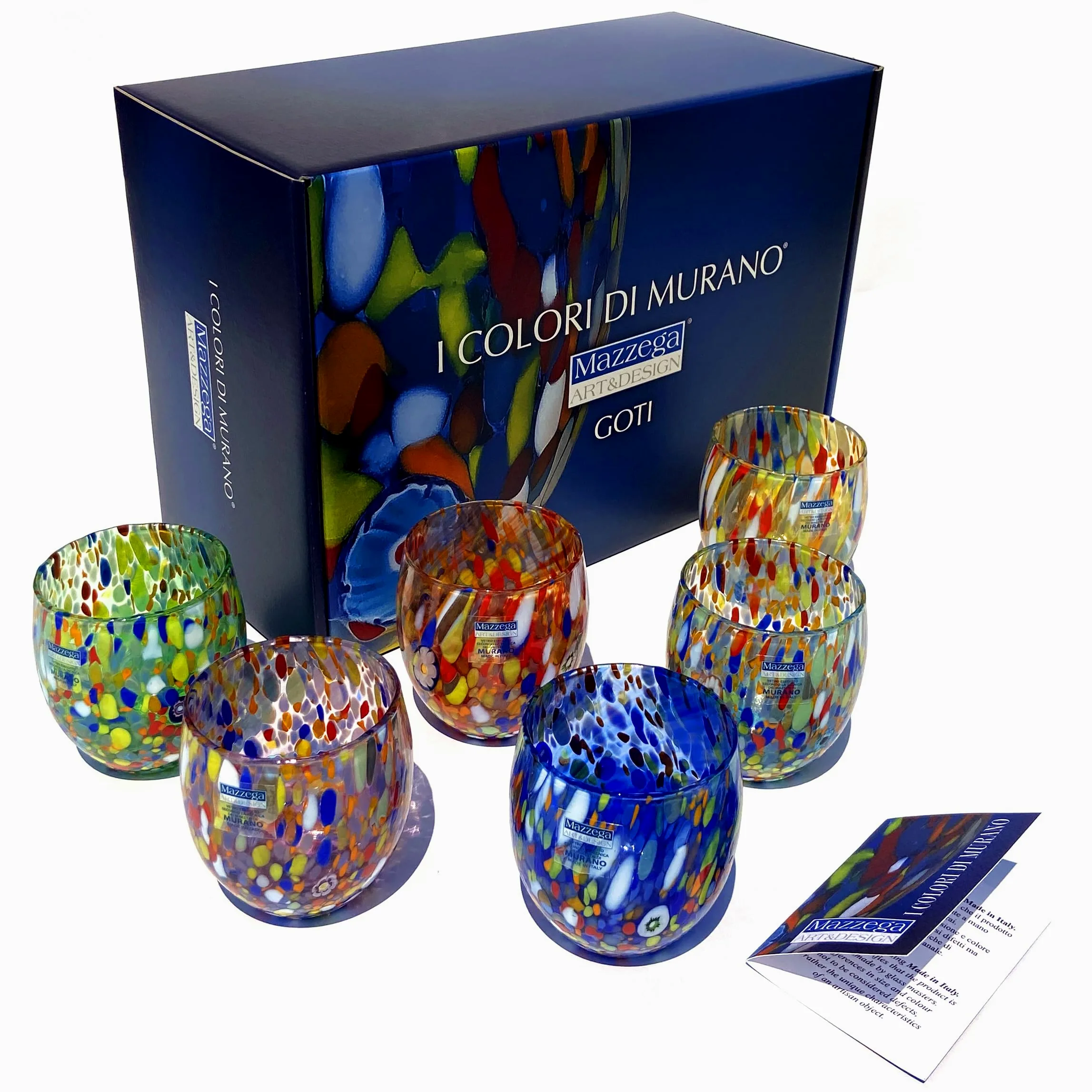 MAZZEGA ART & DESIGN - 6 Bicchieri da Acqua Classic in Vetro Soffiati e Lavorati a Mano con Murrine di Murano, linea “I Colori di Murano” 320 ml. Made in Italy (GIFT BOX, 6)