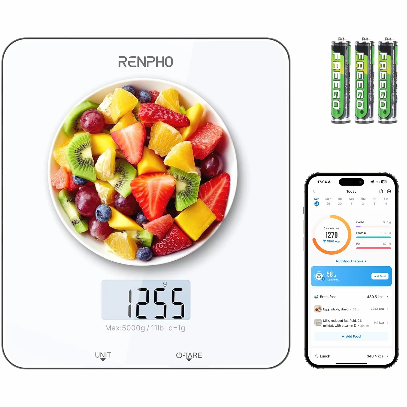 RENPHO Bilancia da Cucina Digitale, Bilancia Elettronica per Alimenti per Cottura e Caffè, Apparecchio Bilancia da Cucina per Keto, Macro, Calorie e Perdita di Peso con App per Smartphone, Bianco