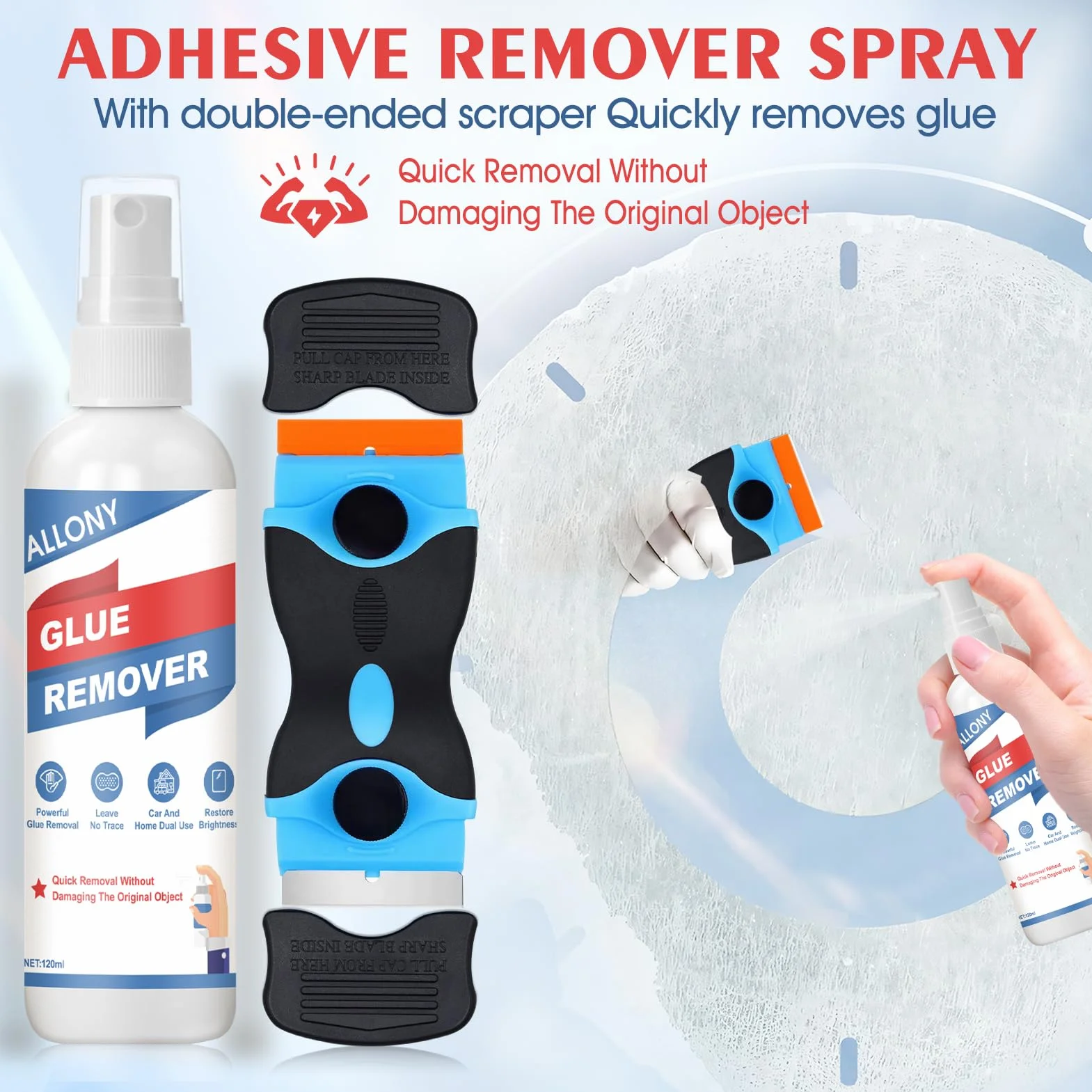 Allony Rimuovi Colla, 120 ml Togli Silicone, Rimuovi Silicone, Rimuovi Colla Adesivi, Dotato di Raschietto Multifunzionale per Rimuovere Velocemente Adesivi, Etichette e Residui di Colla