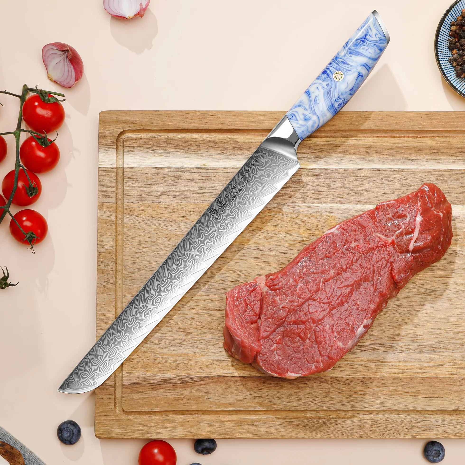 SHANGDAO Coltello per affettare Brisket 10 pollici Acciaio damasco forgiato VG 10 Codolo completo