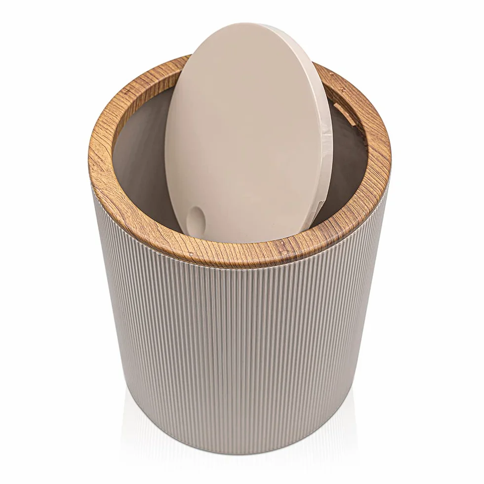 Inbagno Blob Pattumiera 5lt Plastica Tortora Coperchio Basculante Effetto Legno