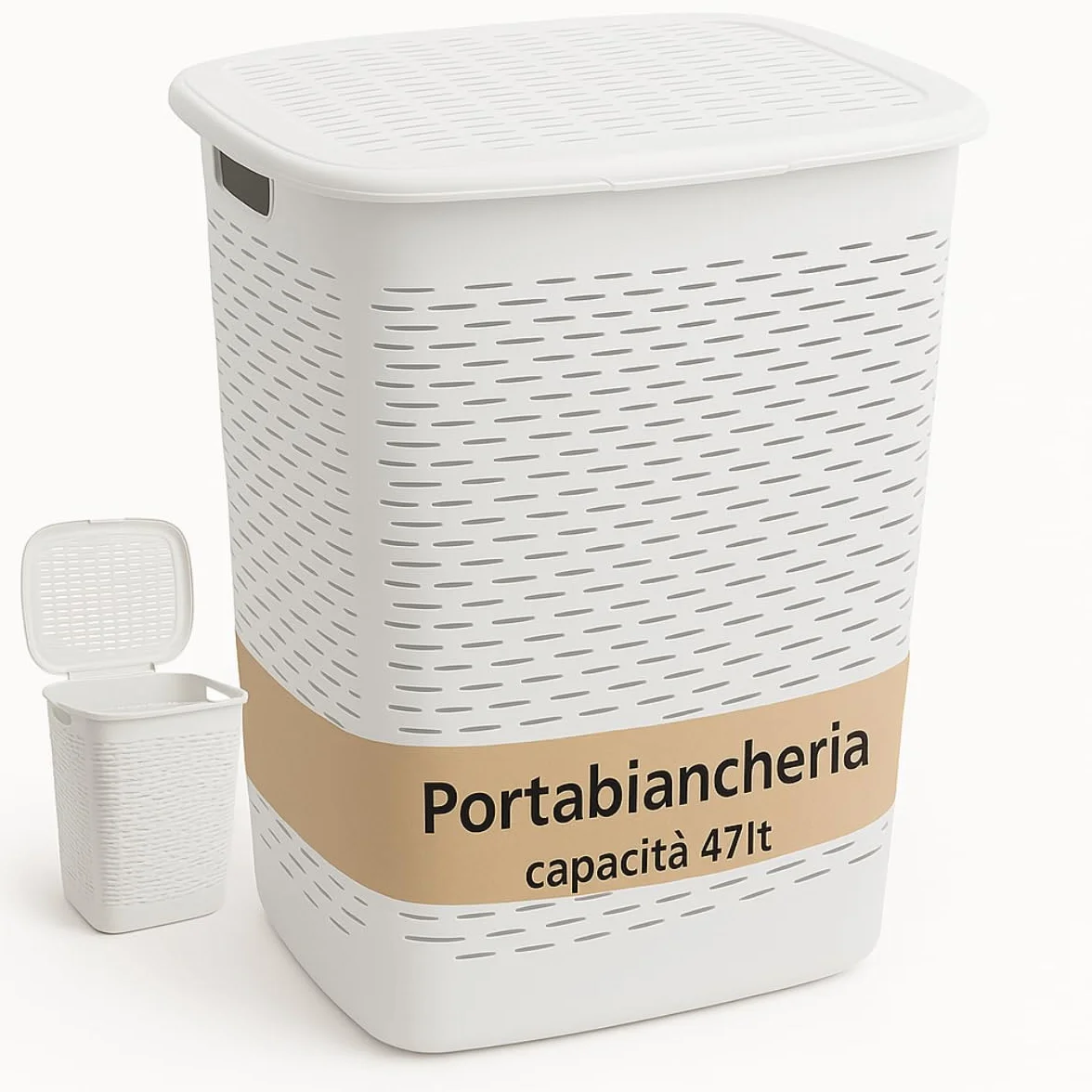 Tomaino - Cesto Portabiancheria in Plastica - Contenitore Biancheria Sporca da Bagno - Cesta Porta Vestiti e Panni Sporchi con Coperchio Salvaspazio 47 Litri (Tortora)