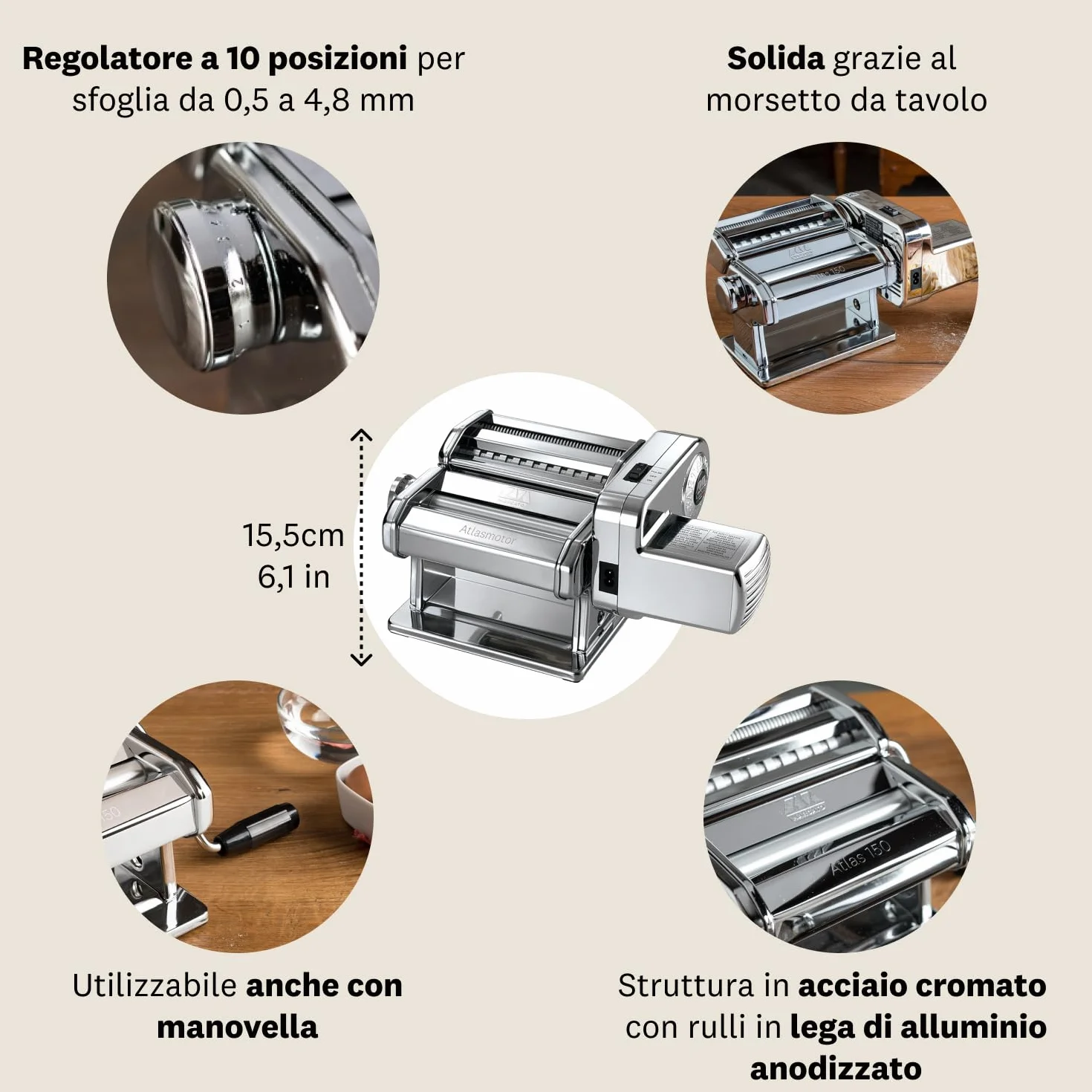 Marcato Atlasmotor Macchina Pasta 100 W Alluminio Acciaio Cromato Linea Basic