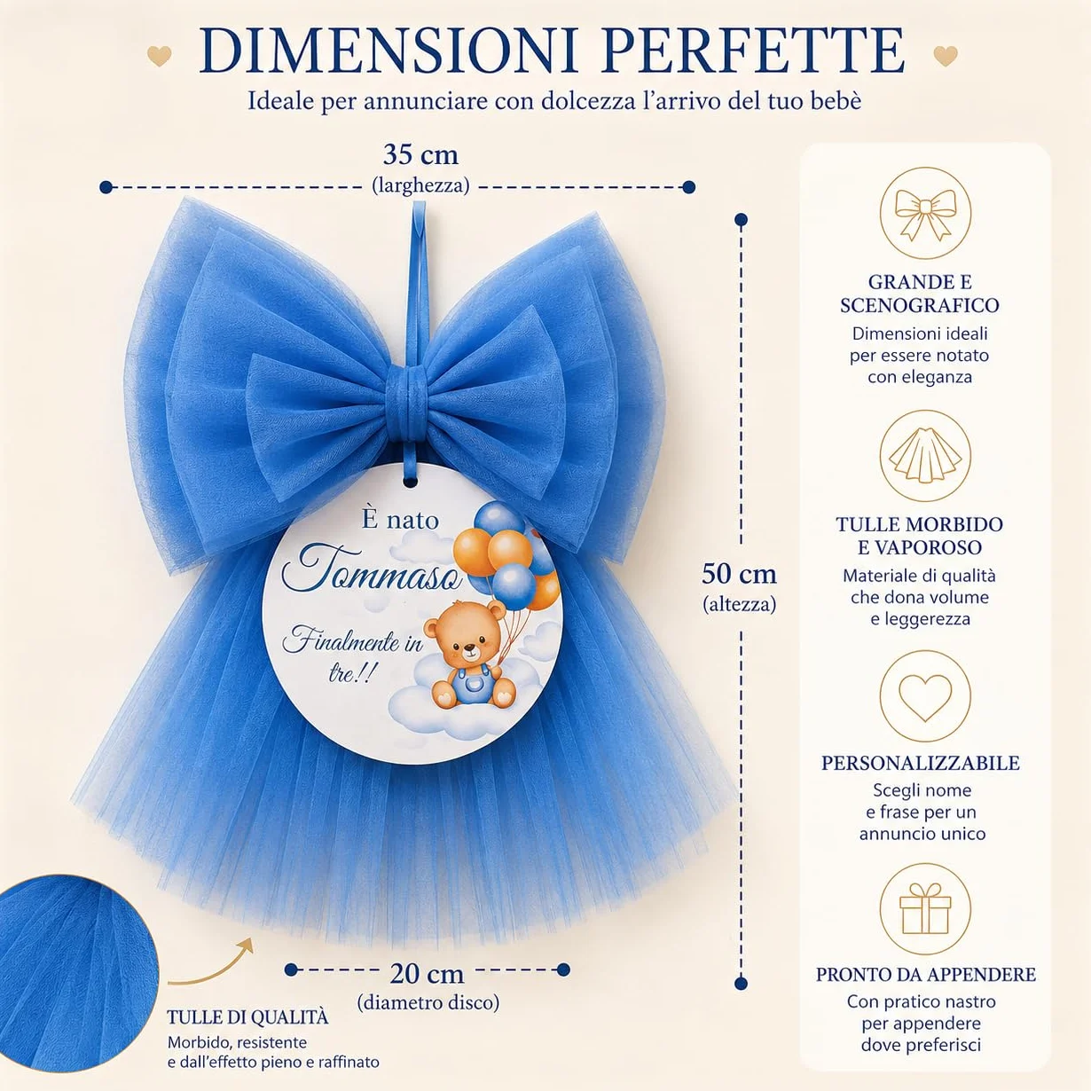 Fiocco Nascita Personalizzato con Nome e Frase, Decorazione Artigianale in Legno per Porta cameretta Neonato, Regalo Nascita Originale (Azzurro, Orsetto)