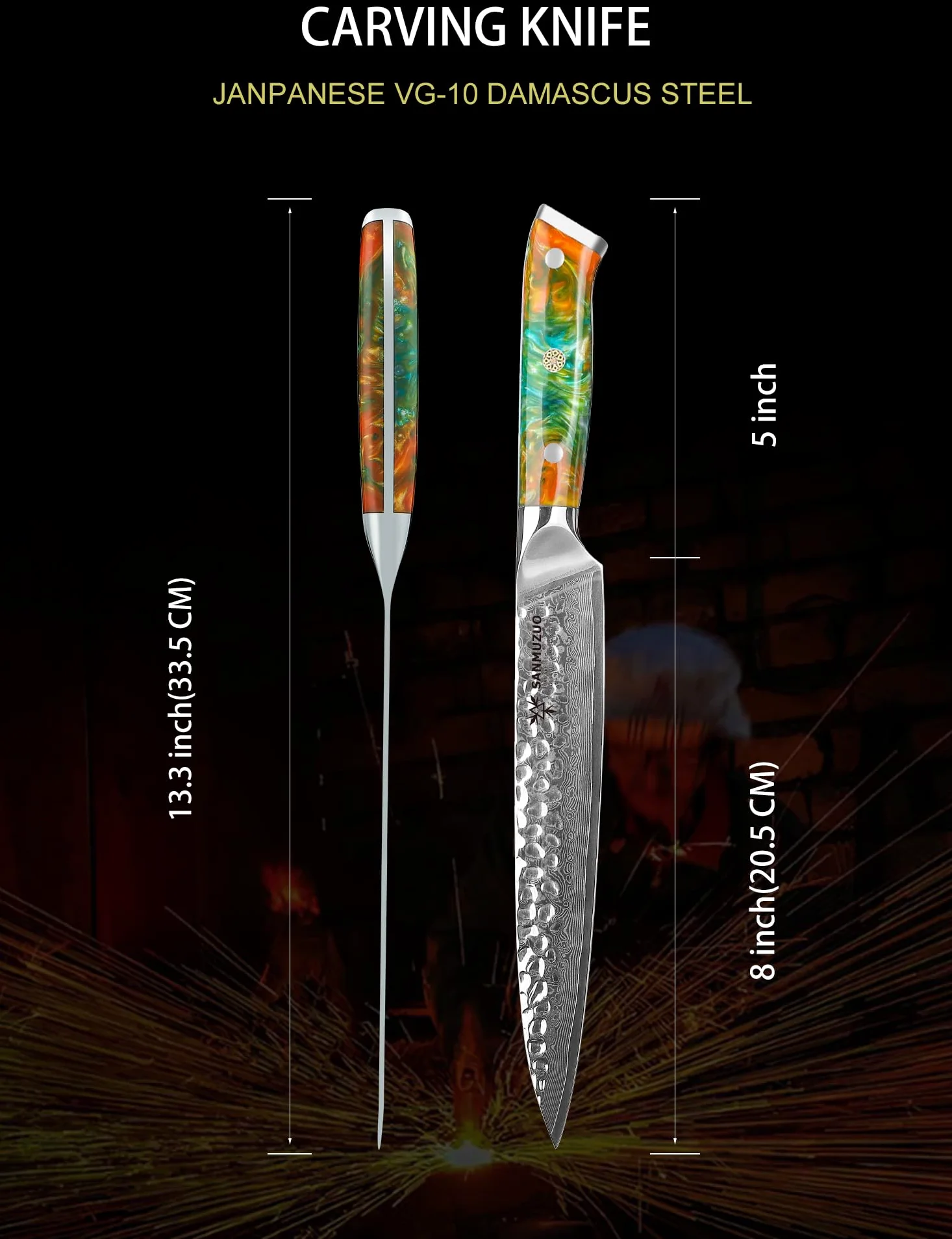 Coltello da intaglio da 20 cm, coltello per affettare la carne, coltello giapponese per sushi - acciaio damasco martellato e manico in resina - Serie YAO