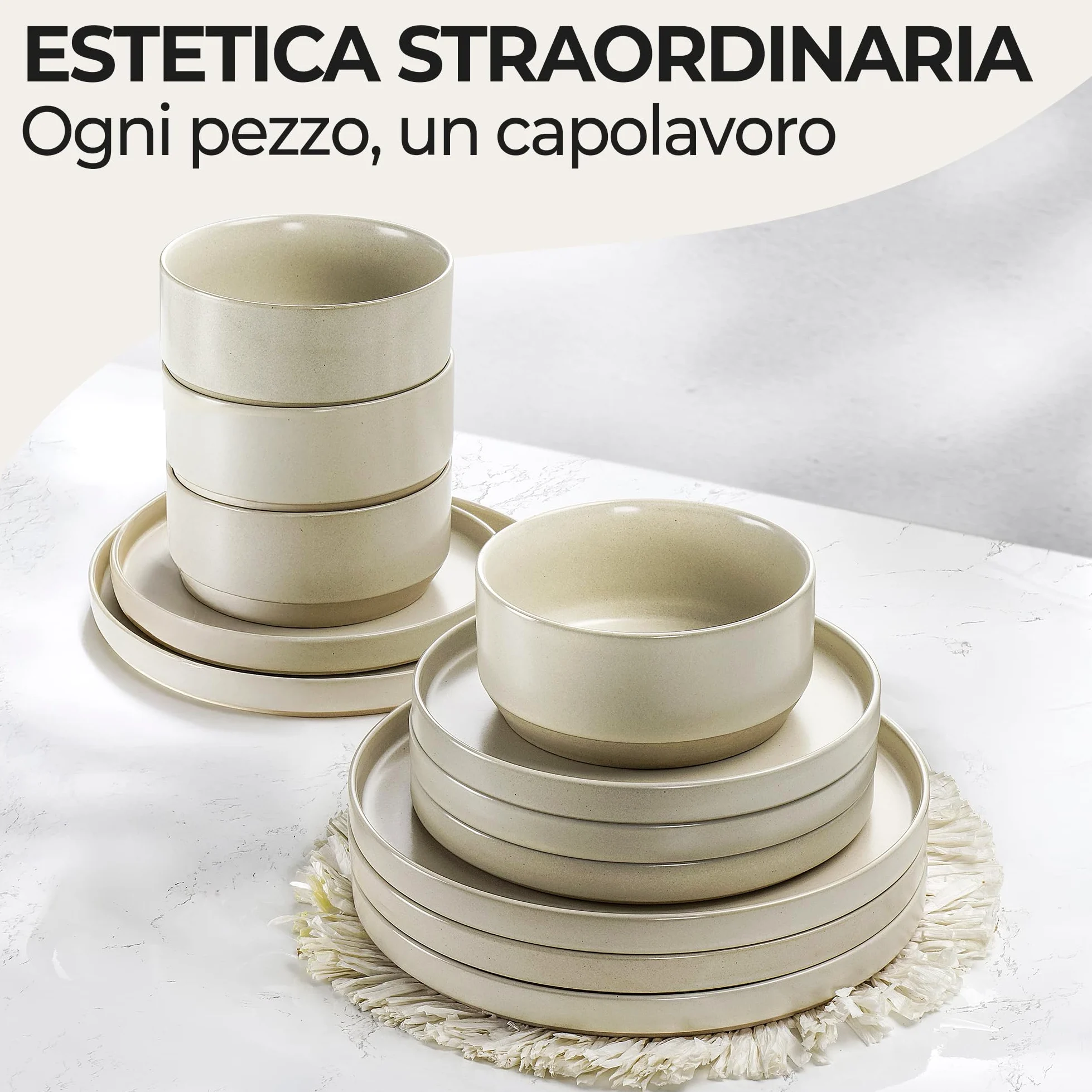 MIAMIO - Set di stoviglie per 4 persone/Set di stoviglie in pietra da 12 pezzi in beige/Lavastoviglie e microonde - Collezione Sierra (chiaro, (12x))