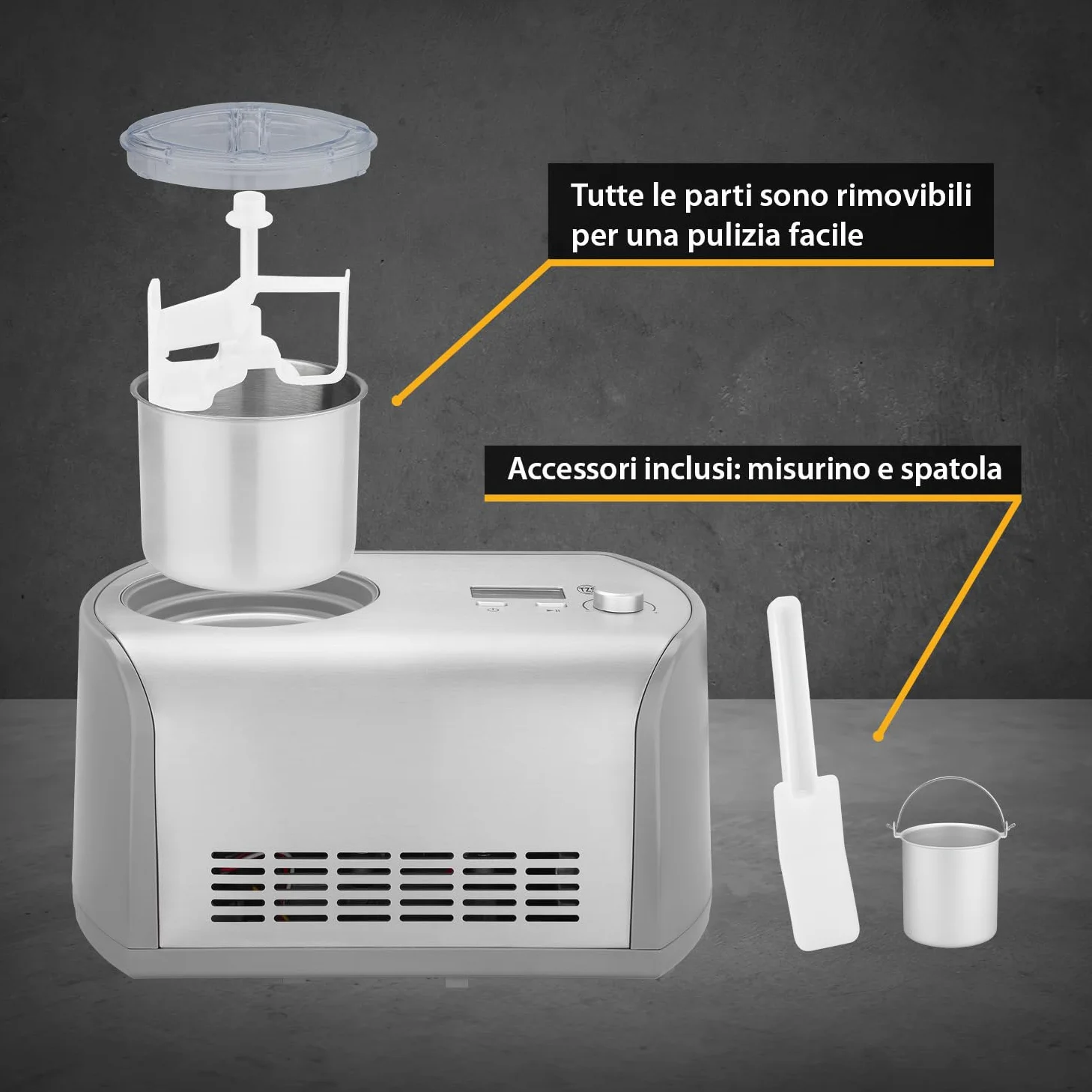 TZS First Austria Macchina per Gelato 1,2L - 135W - Compressore e Funzione Raffreddamento - Gelatiera per Gelato, Sorbetto o Frozen Yogurt - Cestello in Acciaio Inox - Grigio